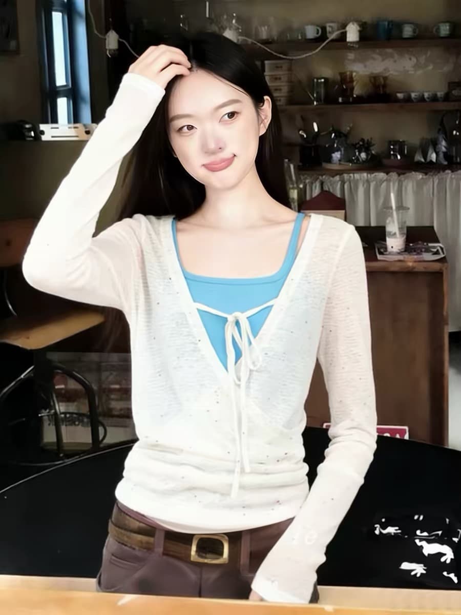 빅 사이즈 청 순수한 시스템 느슨함 센스 두 조각 여성 세트 여름 마이크로 ~을 통해 자외선 차단 블라우스 V넥 캐주얼 맨위 이미지 3