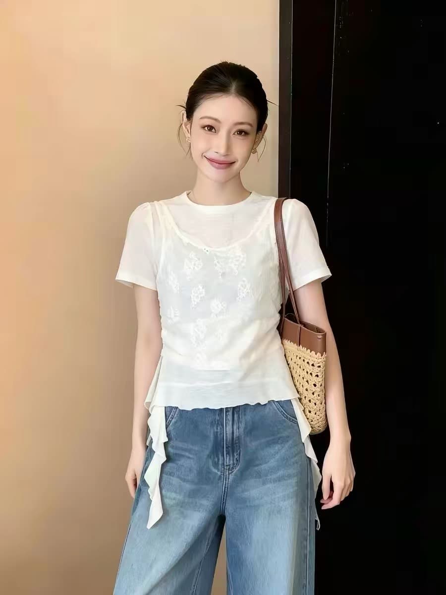 빅 사이즈 페이크 레이어드 긍정적 인 어깨 반팔 티셔츠 지방 mm 표지 고기 슬림해 보이는 한 부서 품격 아름다운 맨위