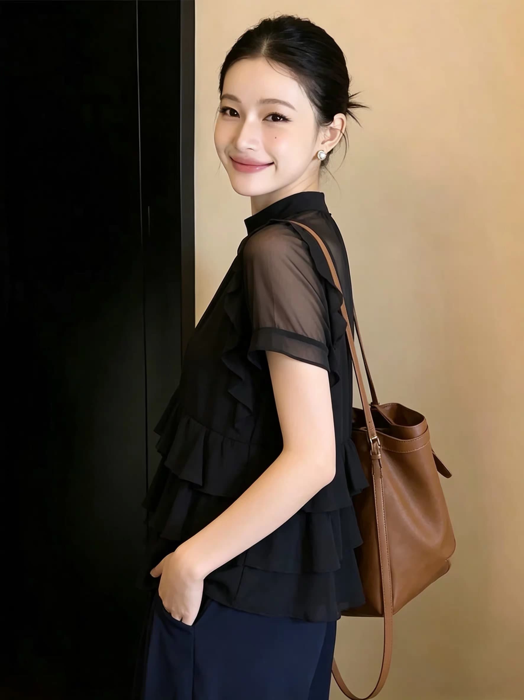빅 사이즈 검정색 망사 마이크로 ~을 통해 긍정적 인 어깨 반팔 티셔츠 여성 여름 지방 mm 표지 고기 슬림해 보이는 프릴 디자인 센스 맨위 상세 이미지 4