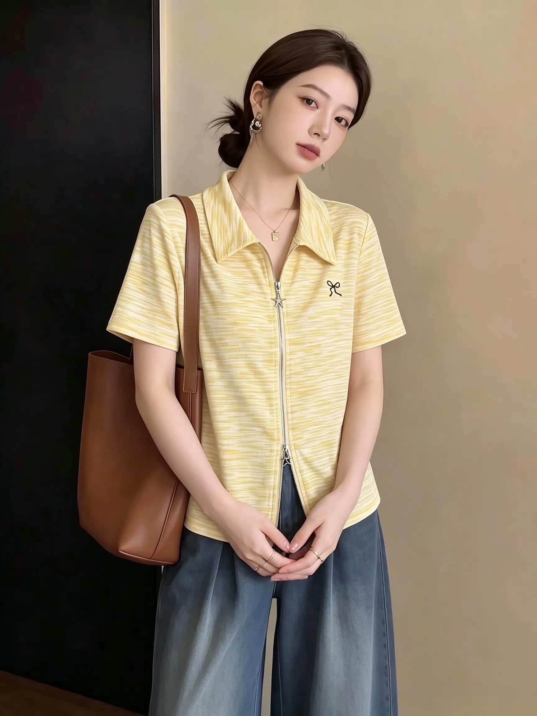 빅 사이즈 디자인 센스 황색 긍정적 인 어깨 반팔 티셔츠 여름 자이언트 잘 생긴 POLO 칼라 더블 지퍼 오픈 가디건 맨위 이미지 3