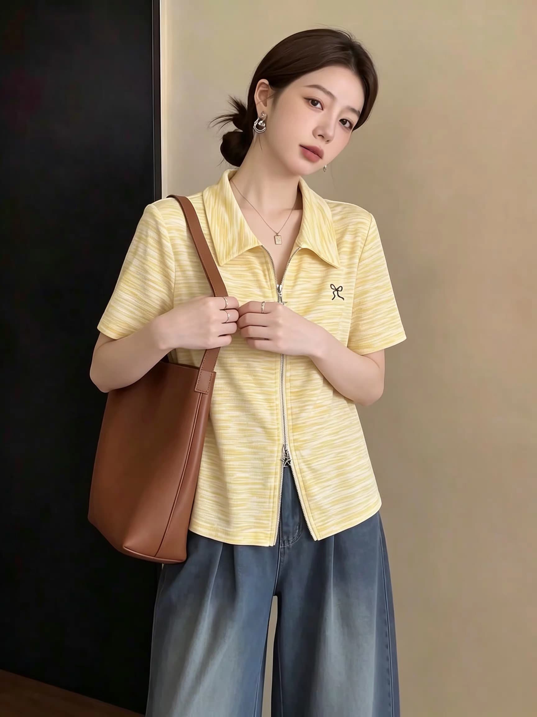 빅 사이즈 디자인 센스 황색 긍정적 인 어깨 반팔 티셔츠 여름 자이언트 잘 생긴 POLO 칼라 더블 지퍼 오픈 가디건 맨위 이미지 4