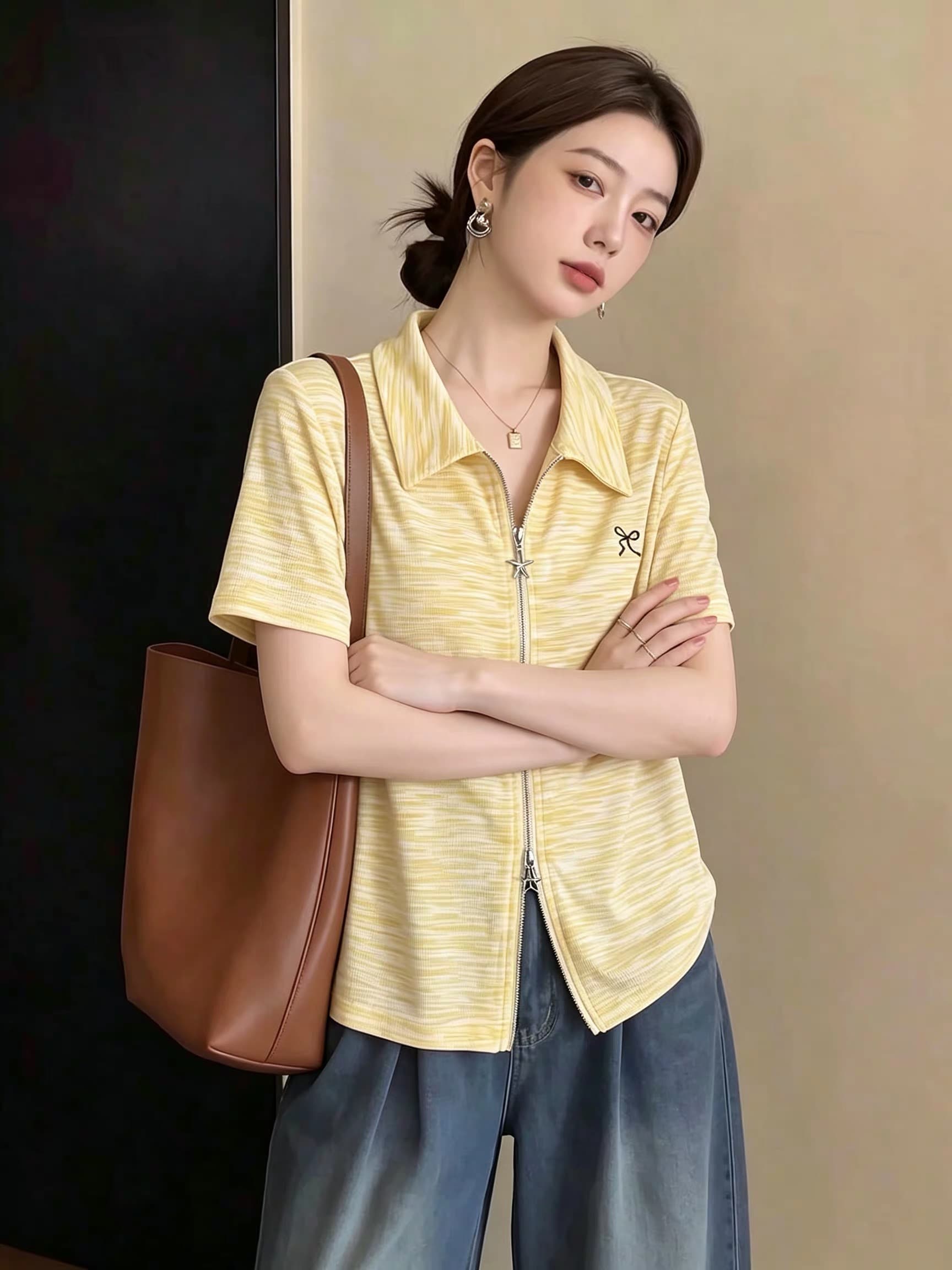 빅 사이즈 디자인 센스 황색 긍정적 인 어깨 반팔 티셔츠 여름 자이언트 잘 생긴 POLO 칼라 더블 지퍼 오픈 가디건 맨위 상세 이미지 2