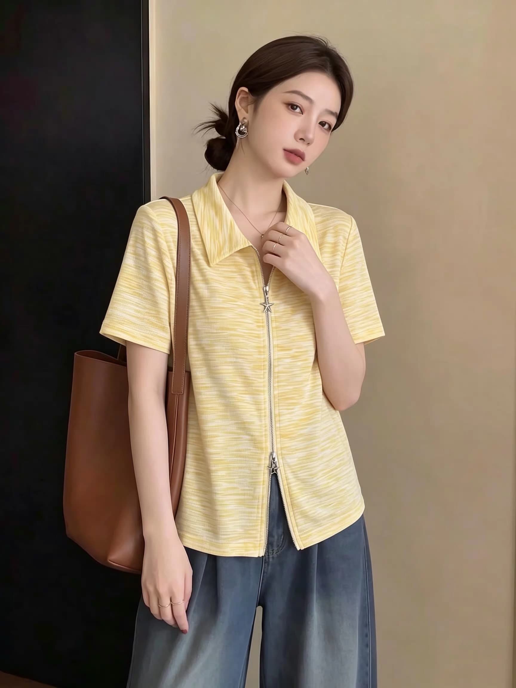 빅 사이즈 디자인 센스 황색 긍정적 인 어깨 반팔 티셔츠 여름 자이언트 잘 생긴 POLO 칼라 더블 지퍼 오픈 가디건 맨위 상세 이미지 5