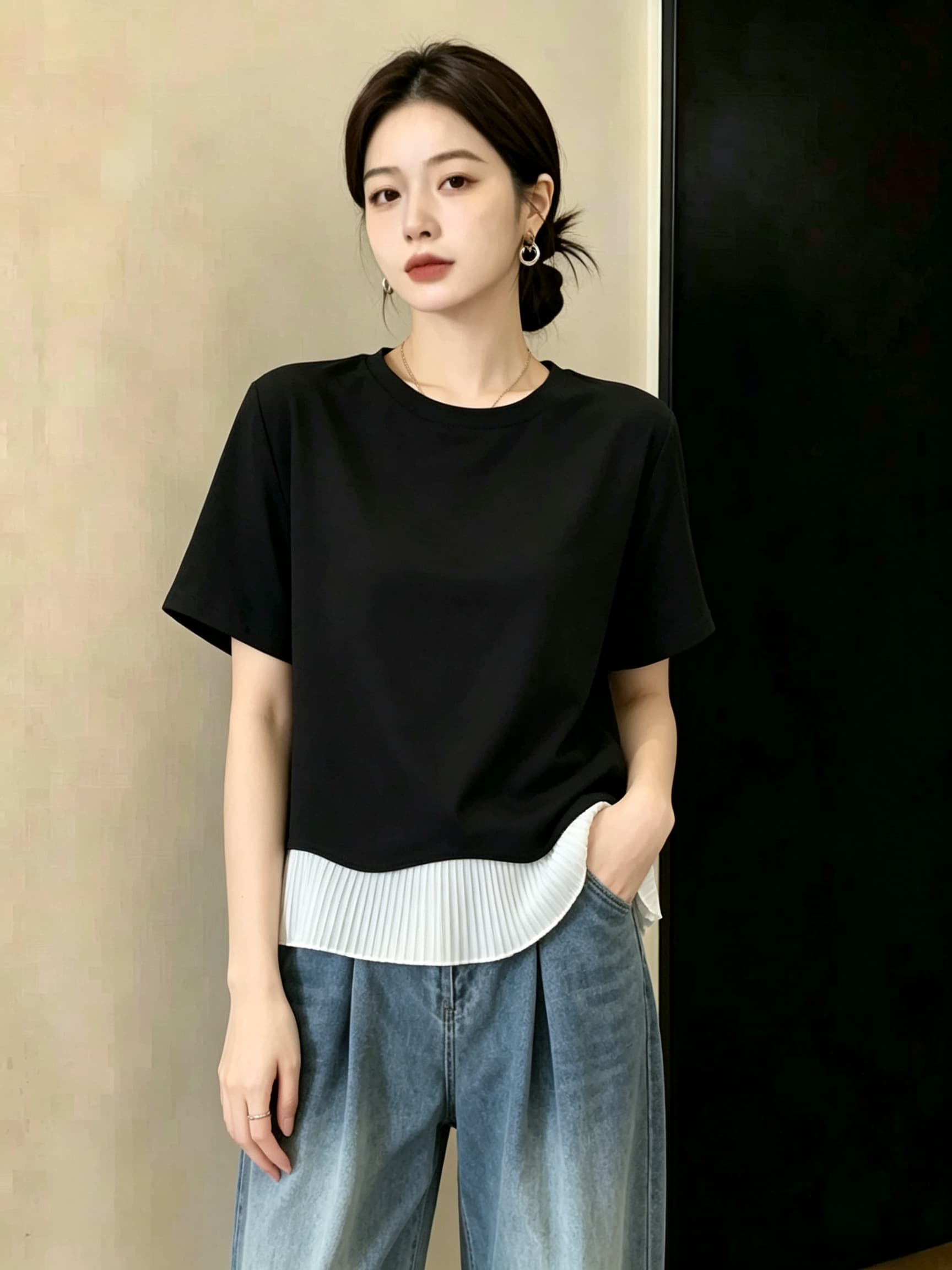 빅 사이즈 라운드 넥 긍정적 인 어깨 검정색 반팔 티셔츠 여성 여름 지방 mm 슬림해 보이는 디자인 센스 프릴 페이크 레이어드 맨위 이미지 2