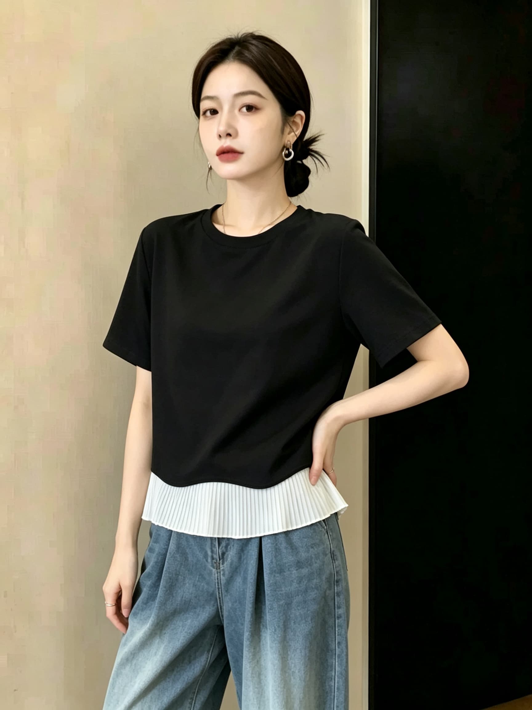 빅 사이즈 라운드 넥 긍정적 인 어깨 검정색 반팔 티셔츠 여성 여름 지방 mm 슬림해 보이는 디자인 센스 프릴 페이크 레이어드 맨위 이미지 4