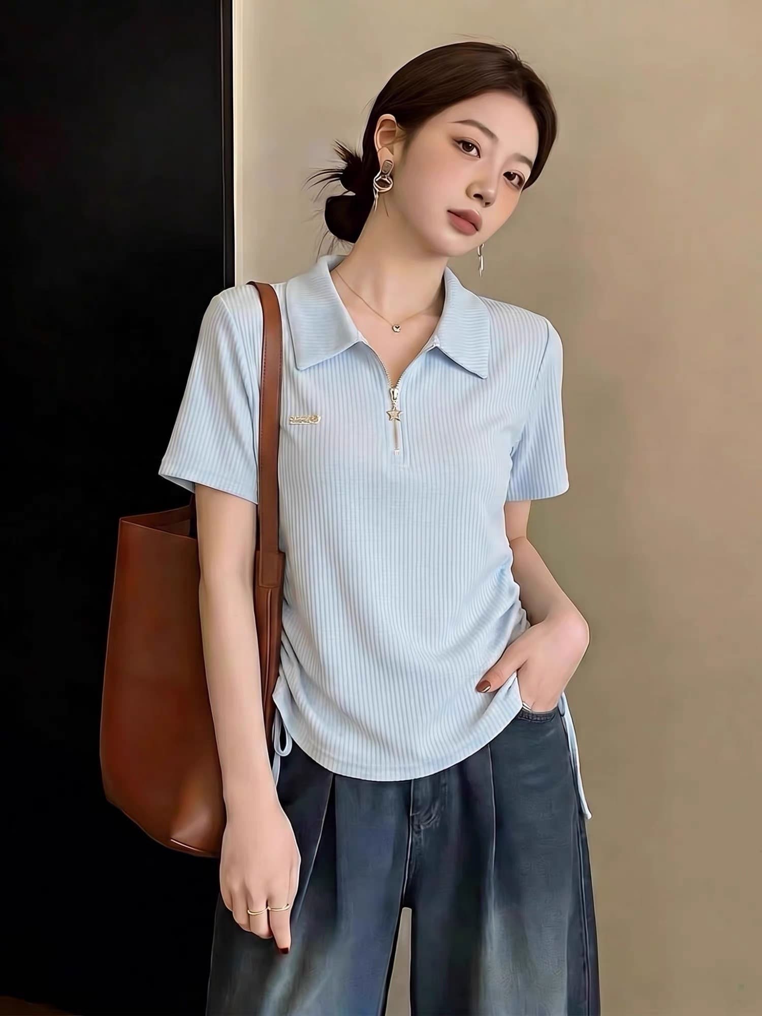 빅 사이즈 POLO 칼라 하프 지퍼 펌프 로프 긍정적 인 어깨 티셔츠 여성 여름 지방 mm 허리 수축 슬림해 보이는 반팔 맨위 이미지 3