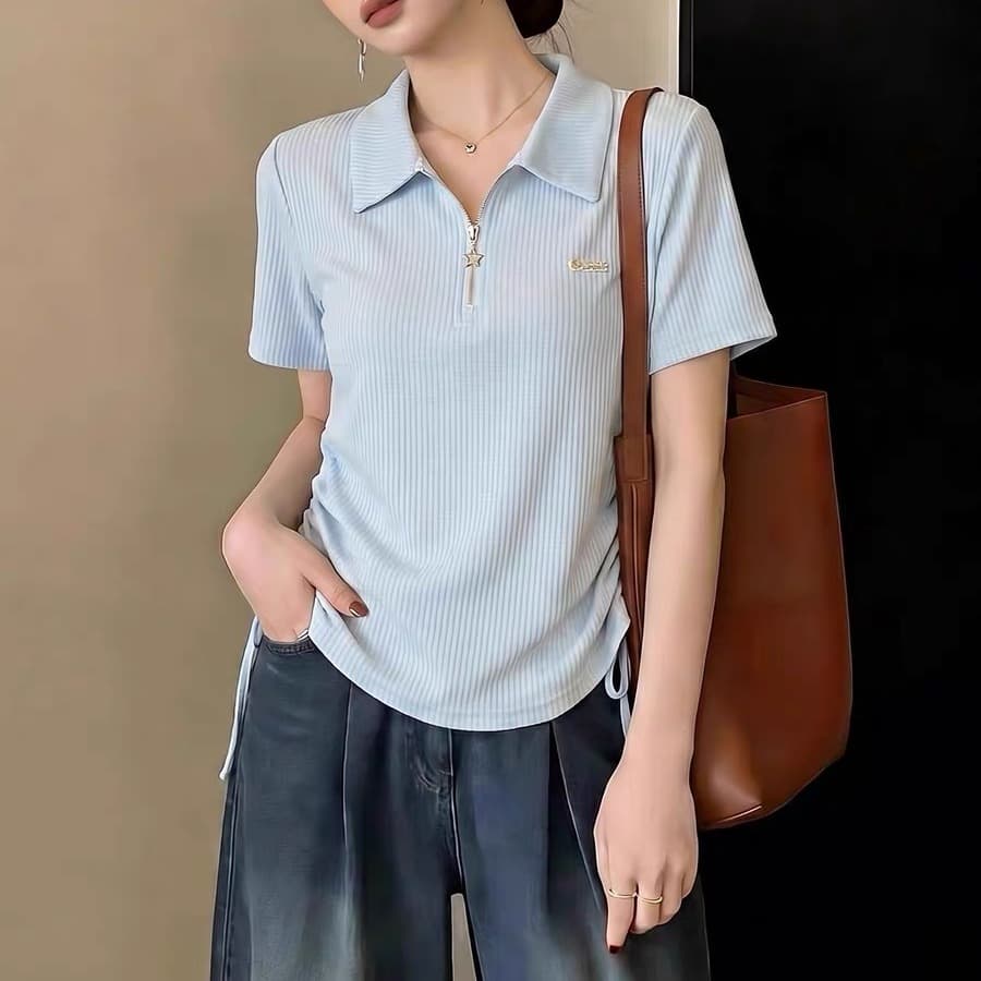 빅 사이즈 POLO 칼라 하프 지퍼 펌프 로프 긍정적 인 어깨 티셔츠 여성 여름 지방 mm 허리 수축 슬림해 보이는 반팔 맨위 이미지 5