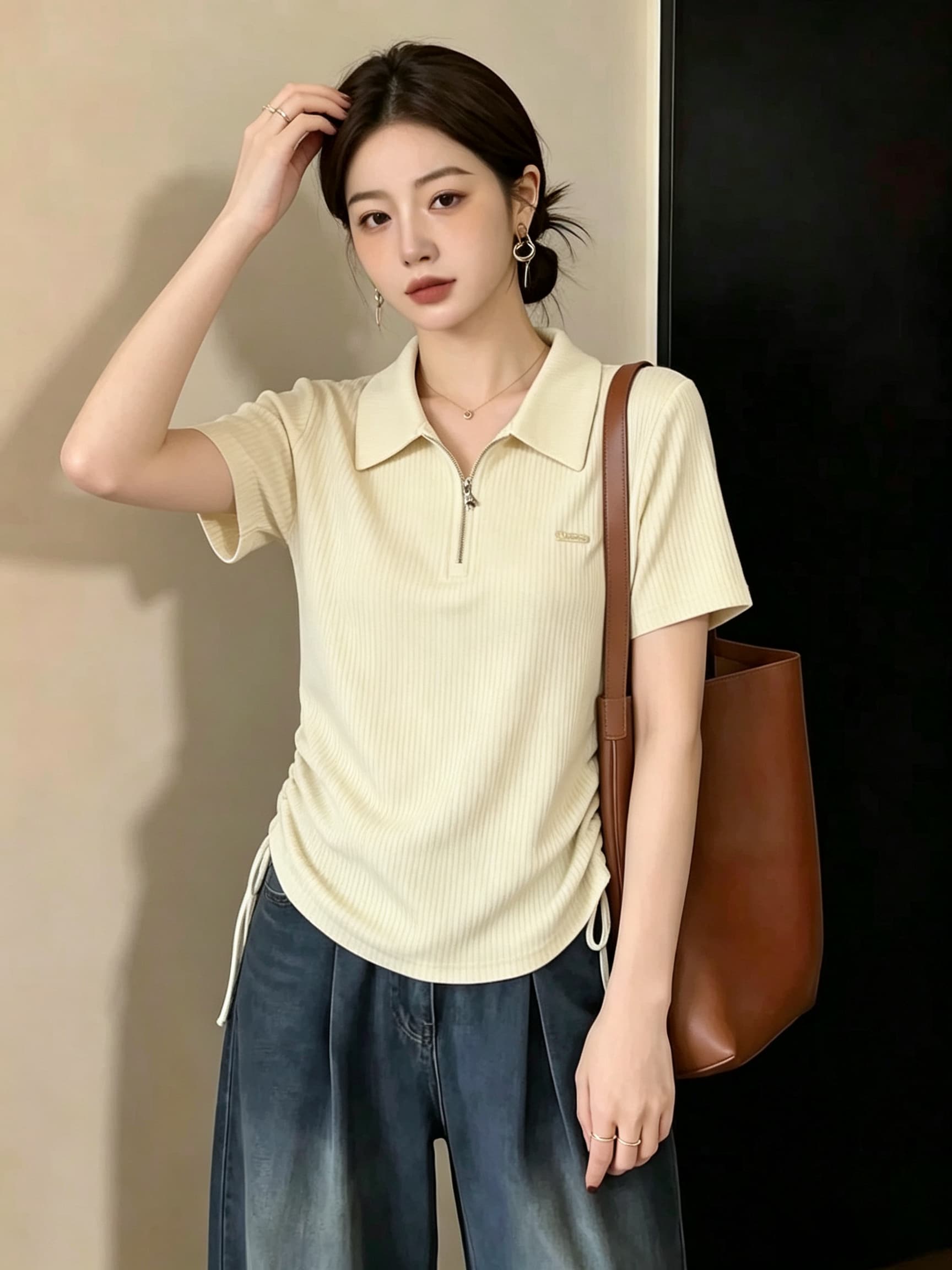 빅 사이즈 POLO 칼라 하프 지퍼 펌프 로프 긍정적 인 어깨 티셔츠 여성 여름 지방 mm 허리 수축 슬림해 보이는 반팔 맨위 상세 이미지 8