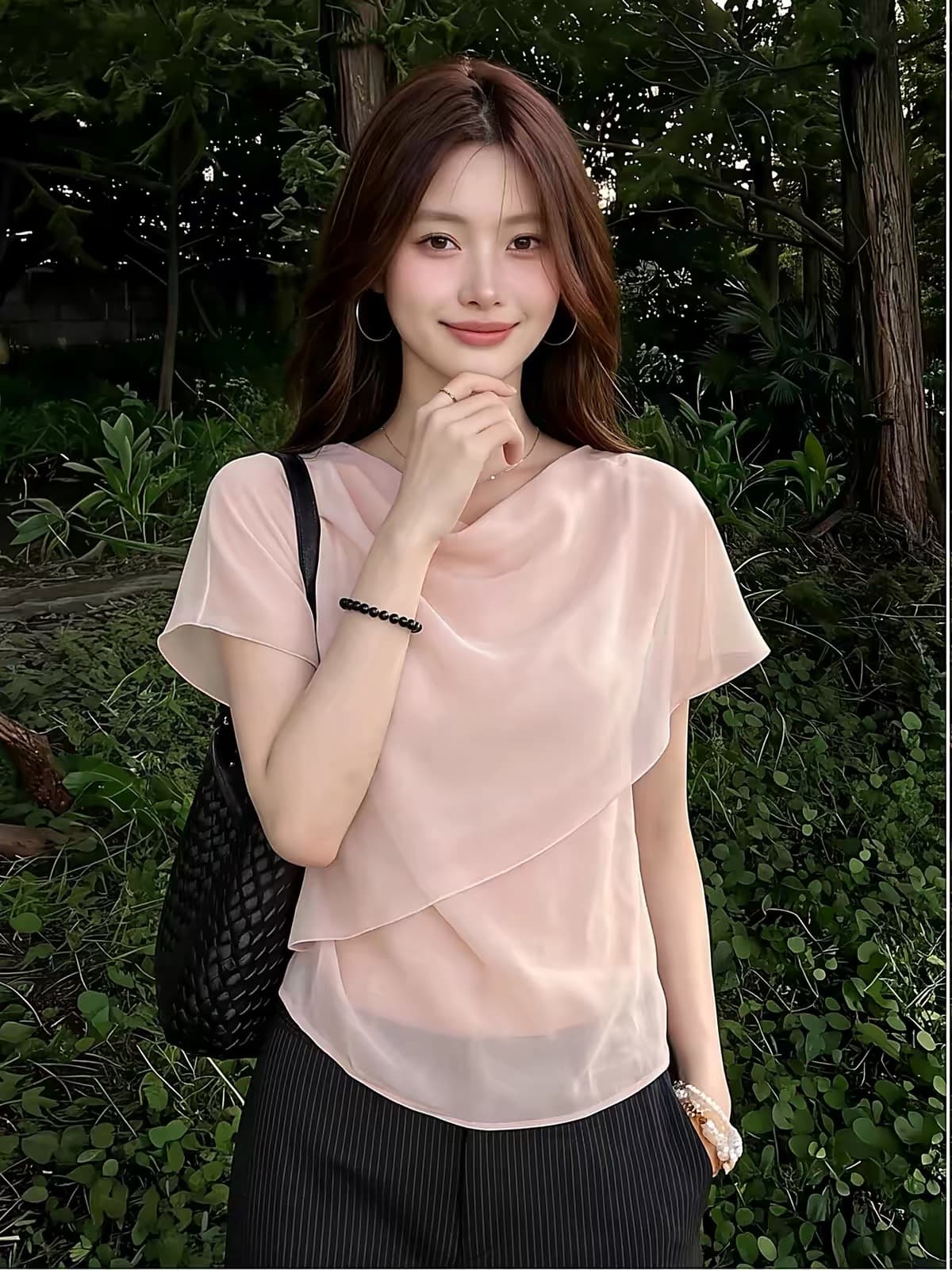 빅 사이즈 프랑스식 핑크색 흔들다 칼라 반팔 티셔츠 여성 여름 지방 mm 망사 패치워크 디자인 센스 품격 슬림해 보이는 맨위 상세 이미지 5