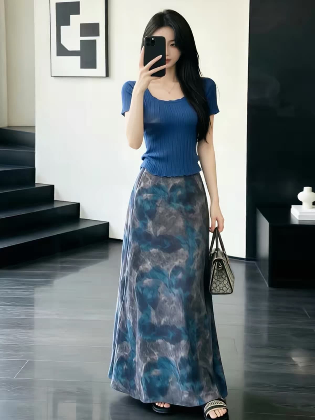 빅 사이즈 파란색 레이스 긍정적 인 어깨 반팔 티셔츠 여성 여름 지방 mm 표지 고기 슬림해 보이는 쇼트 스타일 니트 티셔츠 맨위 이미지 4