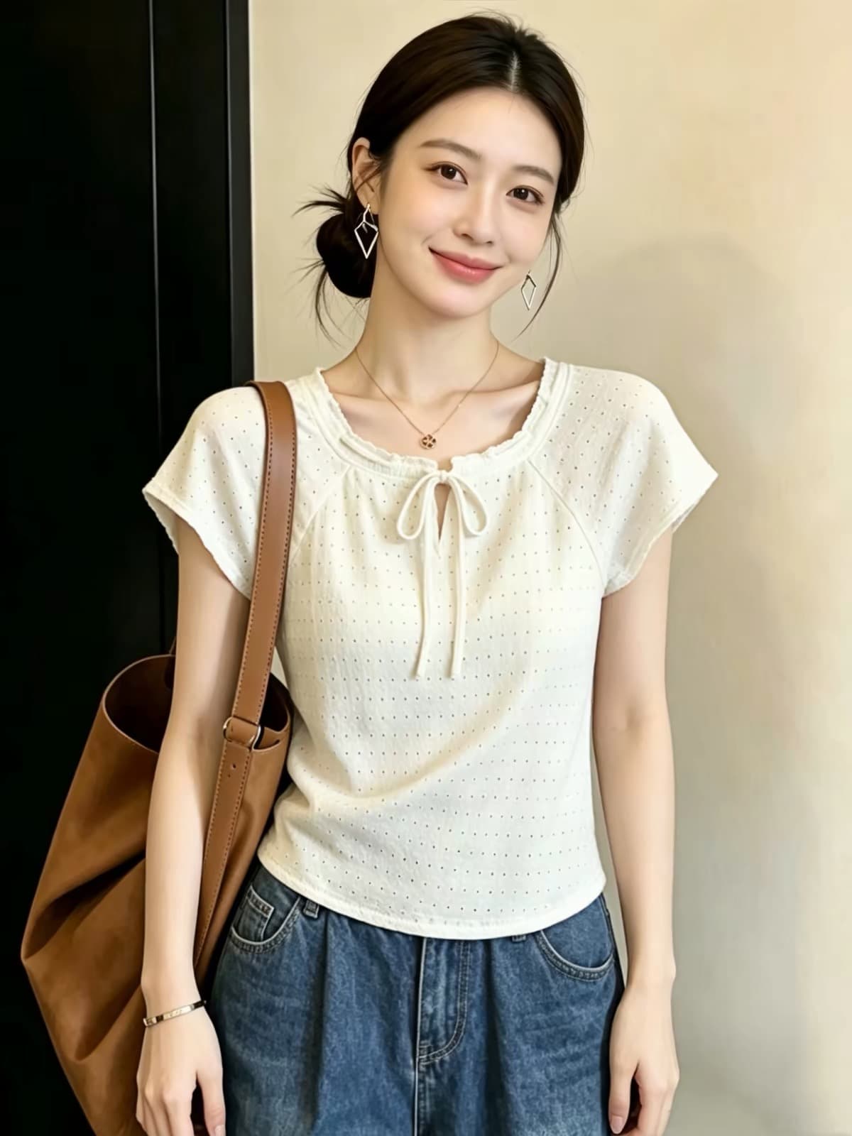 빅 사이즈 긍정적 인 어깨 반팔 티셔츠 여성 여름 지방 mm 디자인 센스 레이스업 나비 매듭 얇은 스타일 슈퍼 잘 생긴 맨위 이미지 2