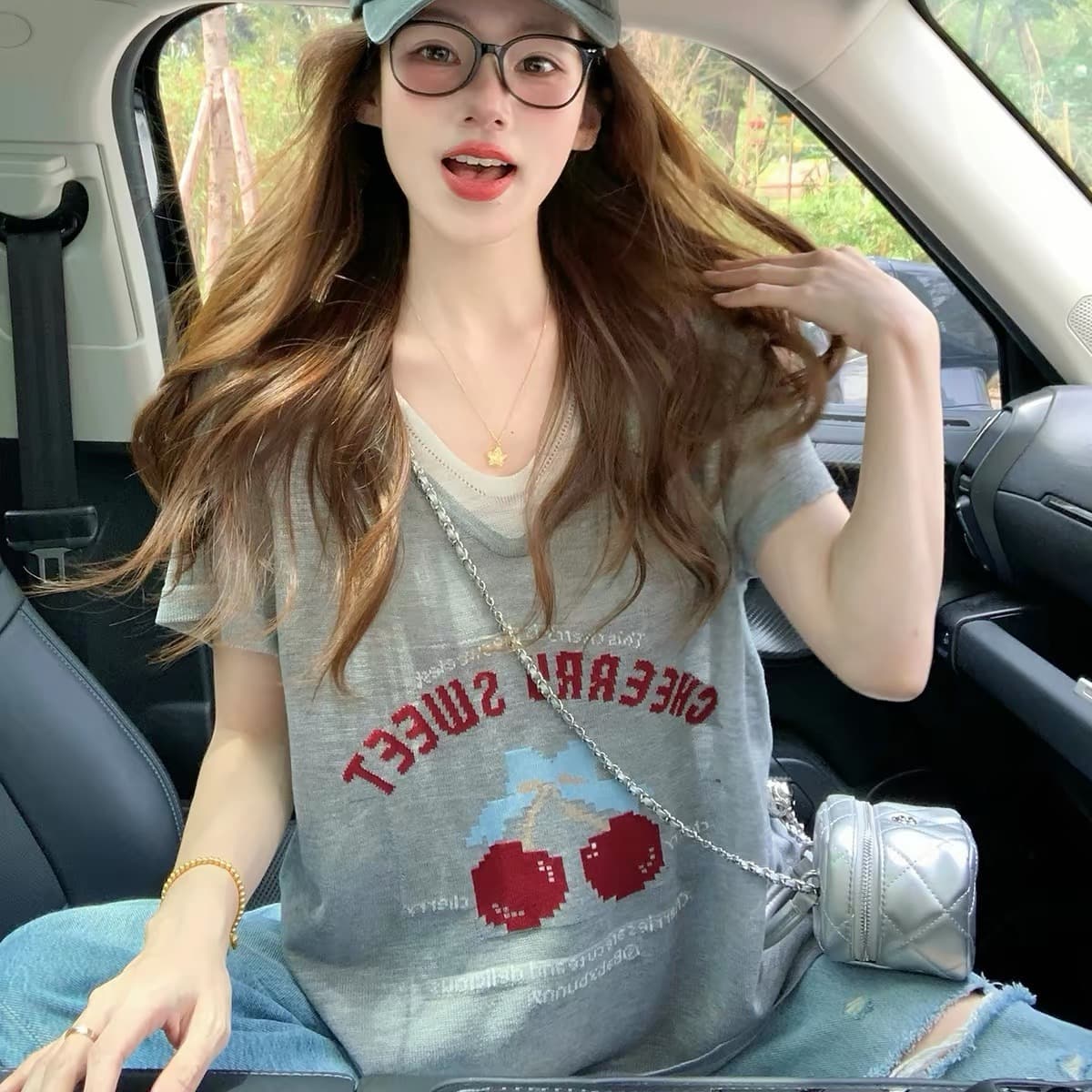 빅 사이즈 회색 페이크 레이어드 반팔 티셔츠 여성 여름 지방 mm 표지 배 슬림해 보이는 루즈핏 느긋한 바람 맨위 이미지 5