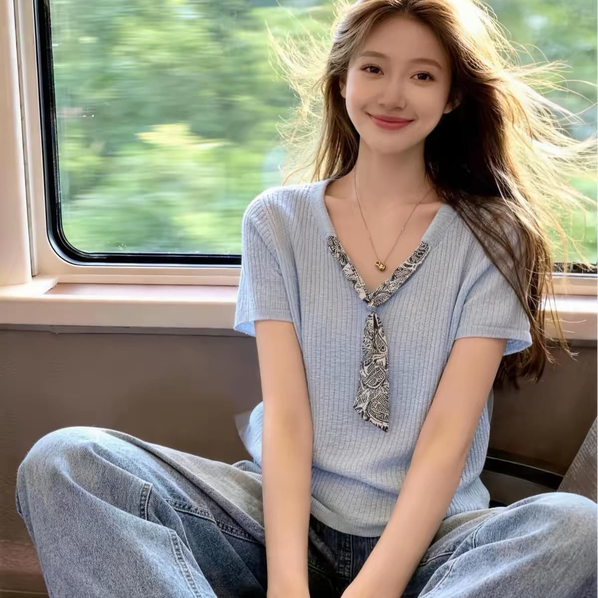 빅 사이즈 파란색 V넥 스카프 레이스업 반팔 티셔츠 여름 지방 mm 표지 고기 슬림해 보이는 몸매 가꾸기 디자인 센스 맨위 이미지 5