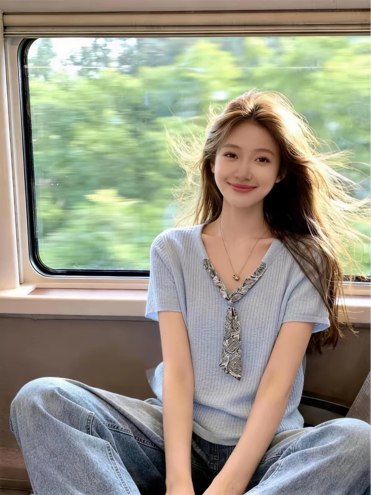 빅 사이즈 파란색 V넥 스카프 레이스업 반팔 티셔츠 여름 지방 mm 표지 고기 슬림해 보이는 몸매 가꾸기 디자인 센스 맨위 상세 이미지 5