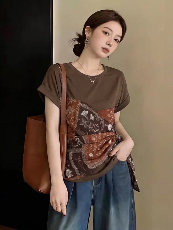 빅 사이즈 페이크 레이어드 Chic 꽃무늬 스트랩 반팔 티셔츠 여성 여름 지방 mm 디자인 센스 슬림해 보이는 긍정적 인 어깨 의류
