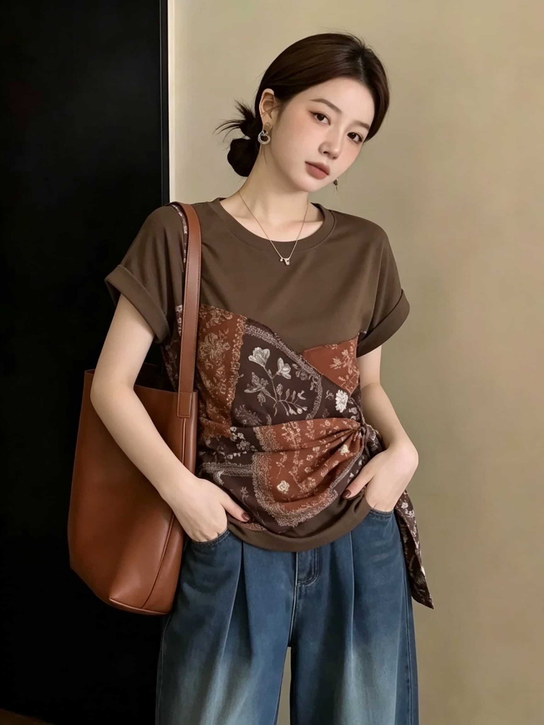 빅 사이즈 페이크 레이어드 Chic 꽃무늬 스트랩 반팔 티셔츠 여성 여름 지방 mm 디자인 센스 슬림해 보이는 긍정적 인 어깨 의류 상세 이미지 2
