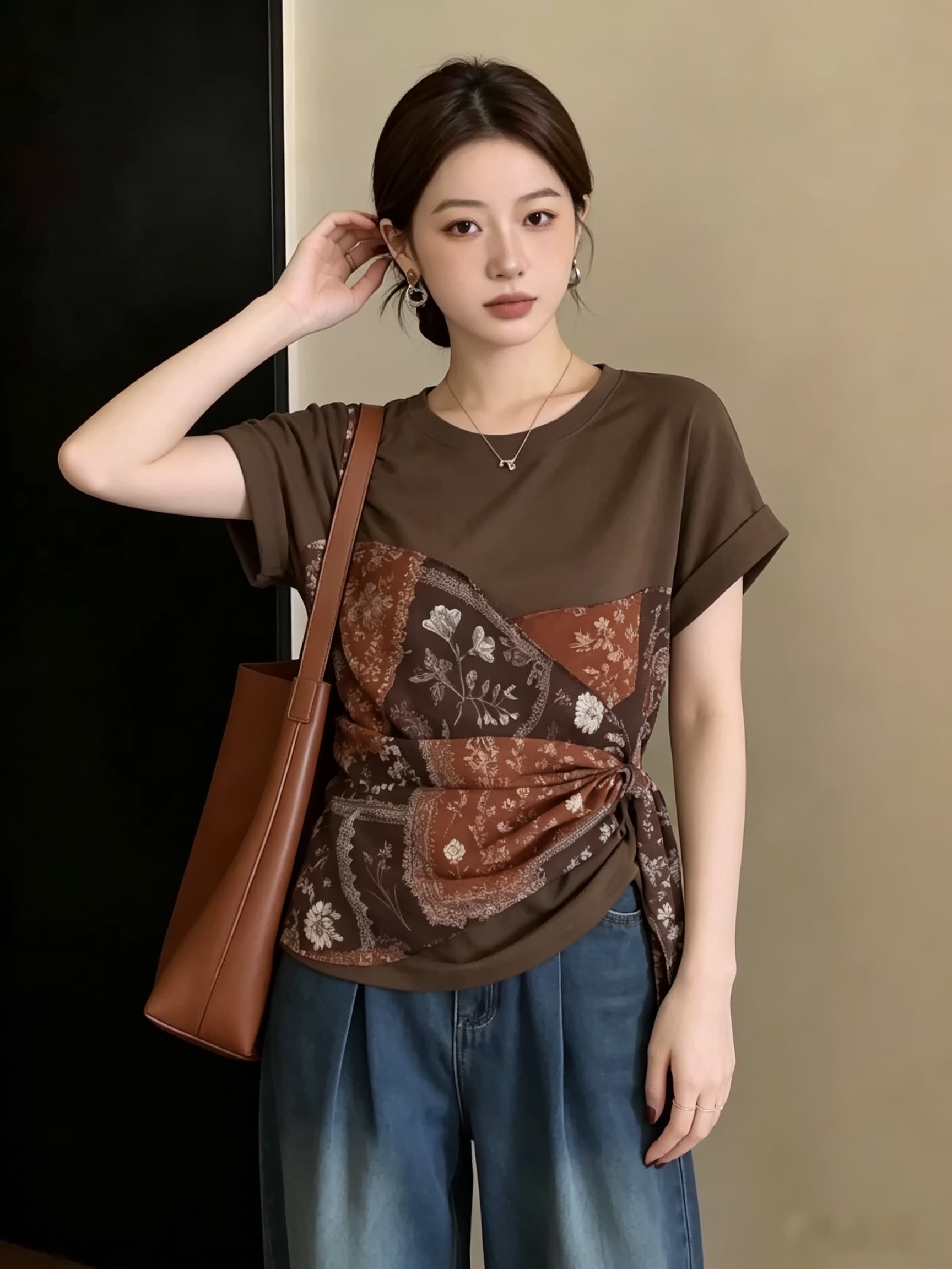 빅 사이즈 페이크 레이어드 Chic 꽃무늬 스트랩 반팔 티셔츠 여성 여름 지방 mm 디자인 센스 슬림해 보이는 긍정적 인 어깨 의류 상세 이미지 3