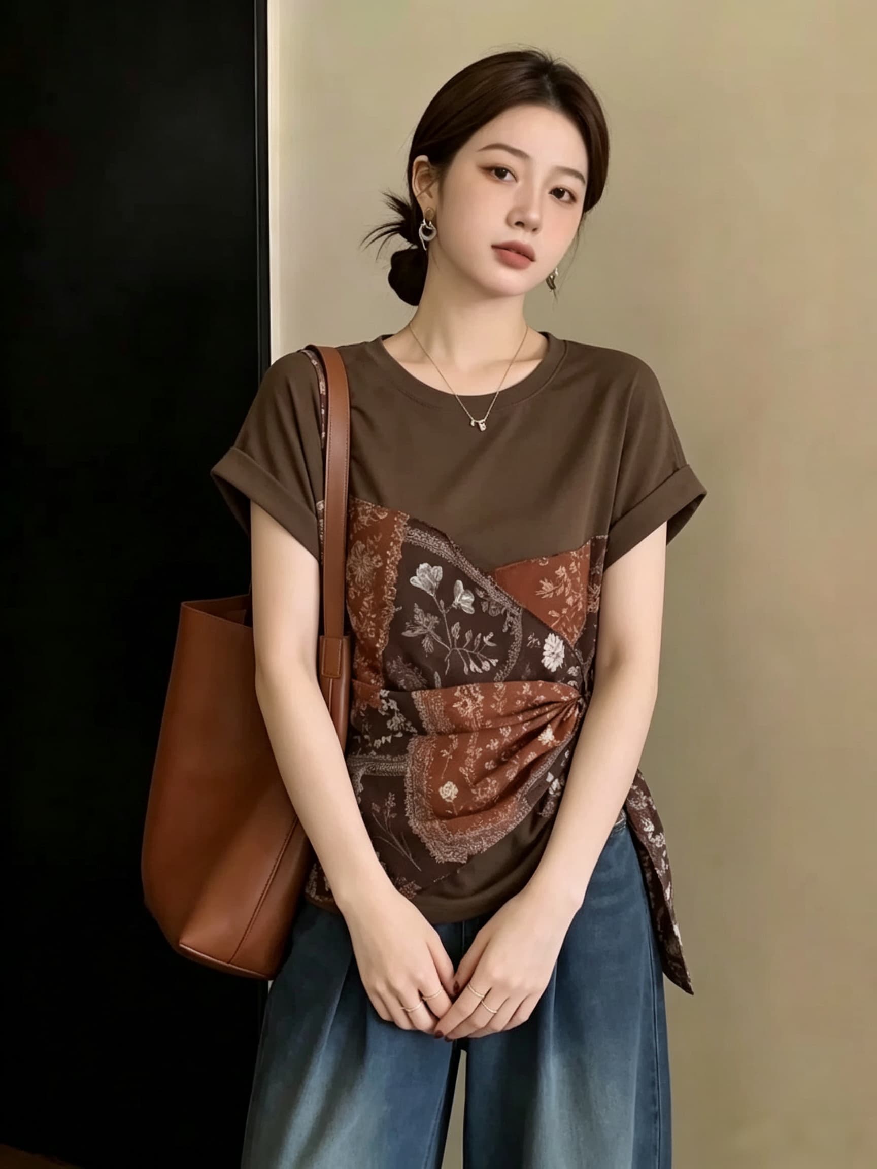 빅 사이즈 페이크 레이어드 Chic 꽃무늬 스트랩 반팔 티셔츠 여성 여름 지방 mm 디자인 센스 슬림해 보이는 긍정적 인 어깨 의류 상세 이미지 4
