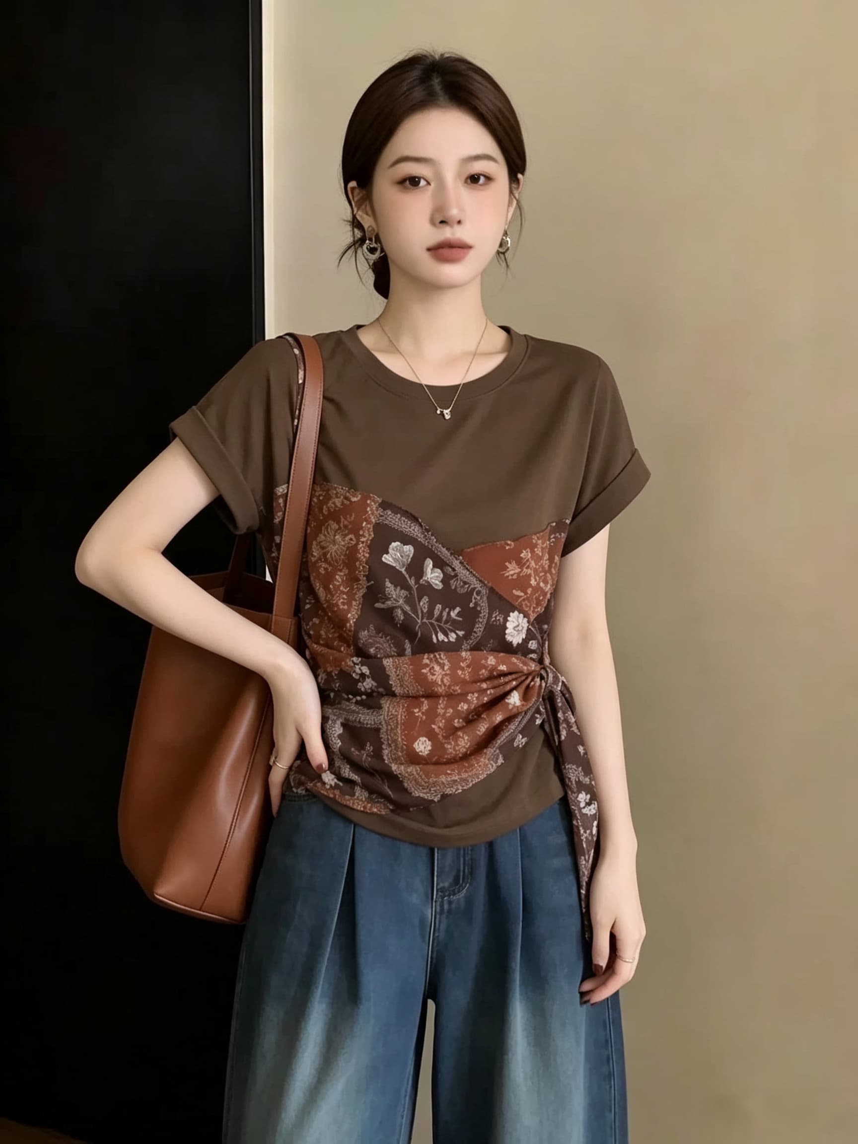 빅 사이즈 페이크 레이어드 Chic 꽃무늬 스트랩 반팔 티셔츠 여성 여름 지방 mm 디자인 센스 슬림해 보이는 긍정적 인 어깨 의류 상세 이미지 5