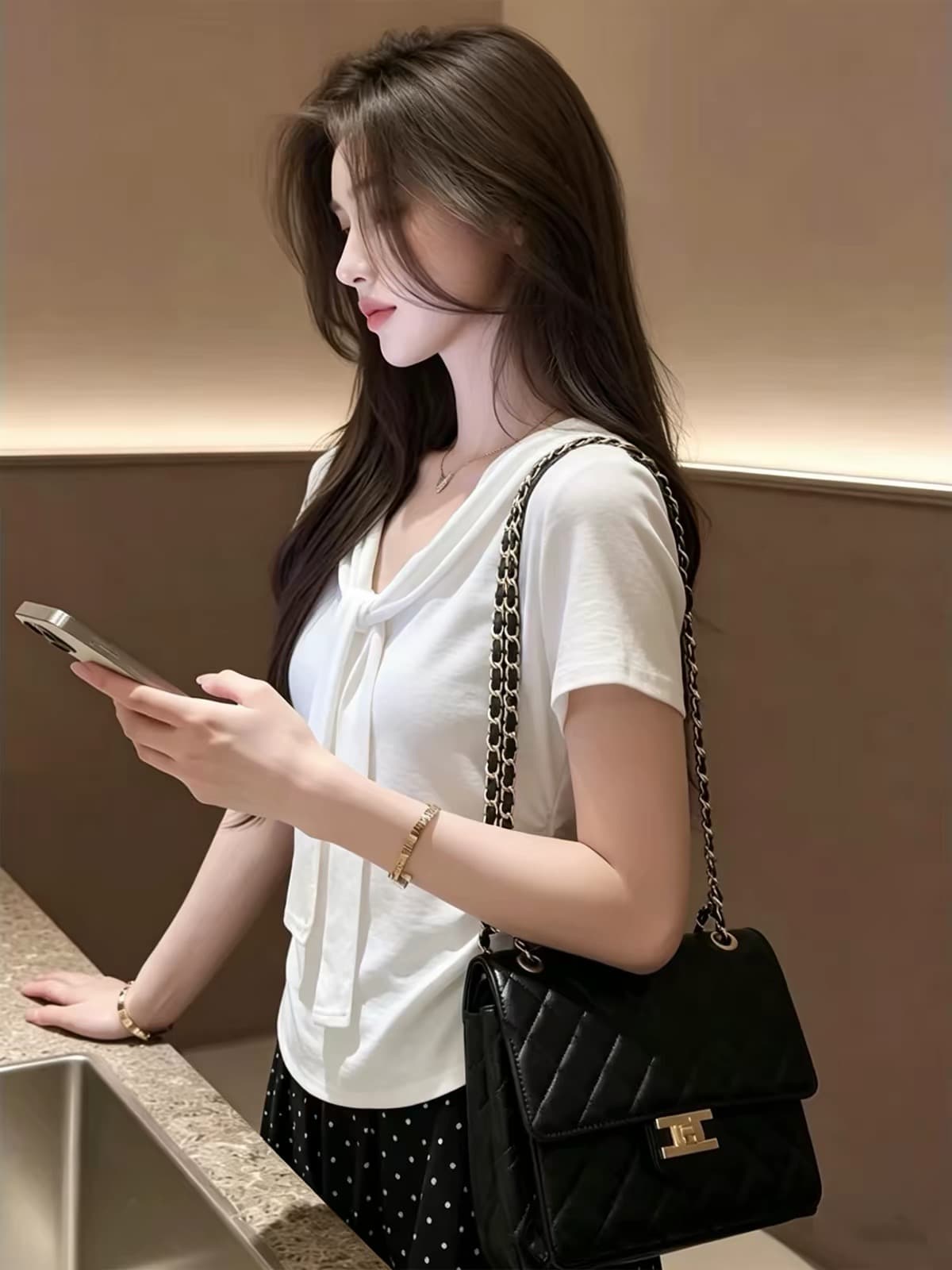 빅 사이즈 디자인 센스 V넥 화이트 긍정적 인 어깨 반팔 티셔츠 여성 여름 지방 mm 표지 고기 슬림해 보이는 자이언트 잘 생긴 티셔츠 맨위 상세 이미지 5