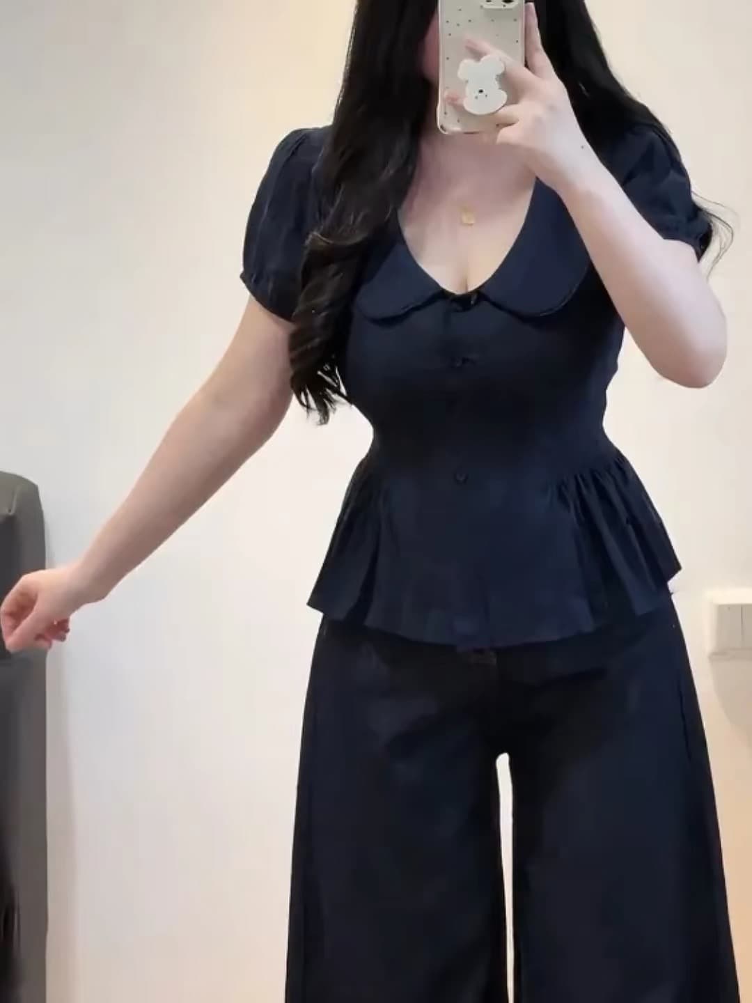 빅 사이즈 프랑스식 베이비 칼라 거품 소매 여성 셔츠 여름 지방 mm 허리 수축 슬림해 보이는 자이언트 잘 생긴 반팔 맨위 이미지 2
