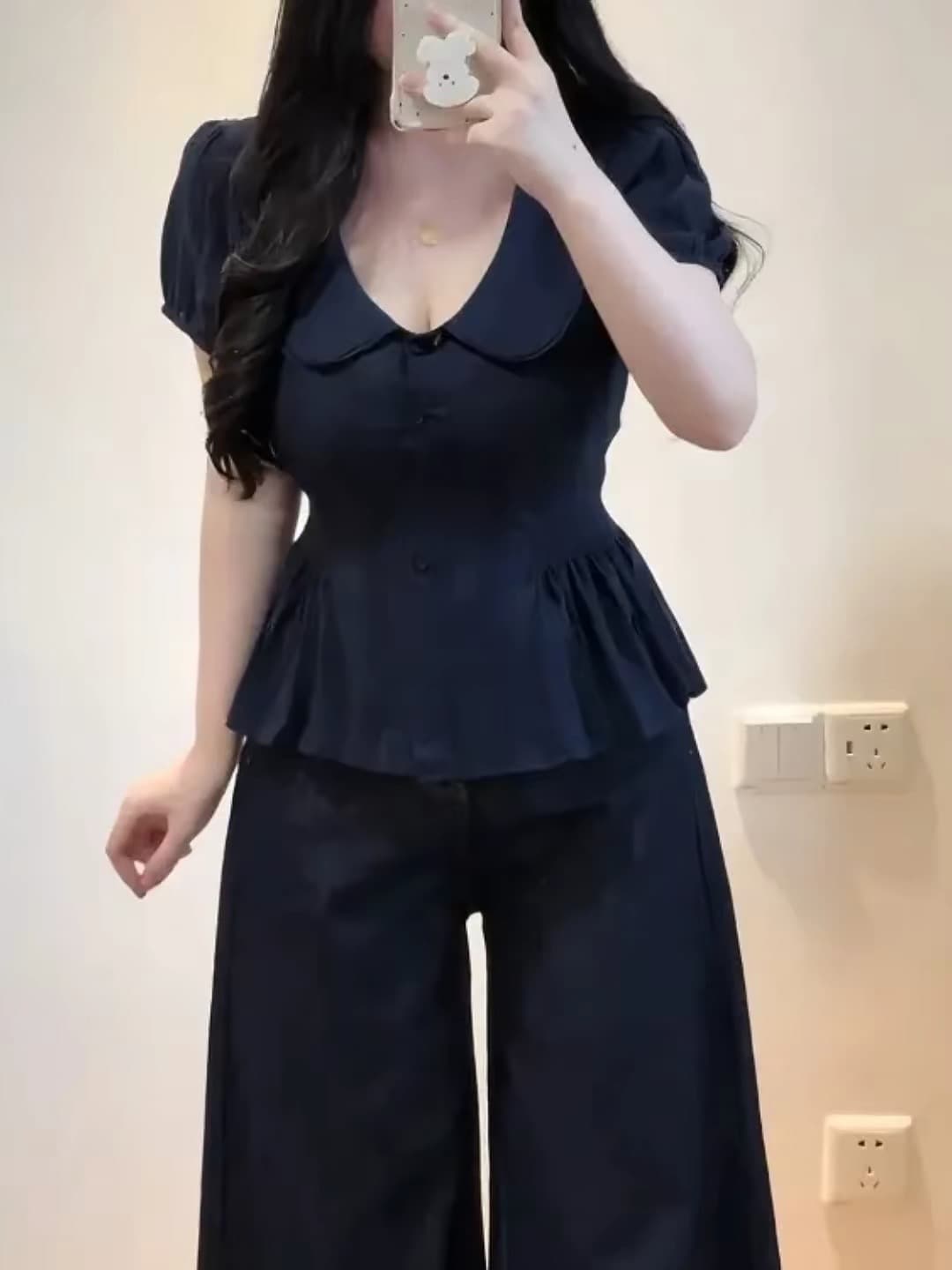 빅 사이즈 프랑스식 베이비 칼라 거품 소매 여성 셔츠 여름 지방 mm 허리 수축 슬림해 보이는 자이언트 잘 생긴 반팔 맨위 이미지 3