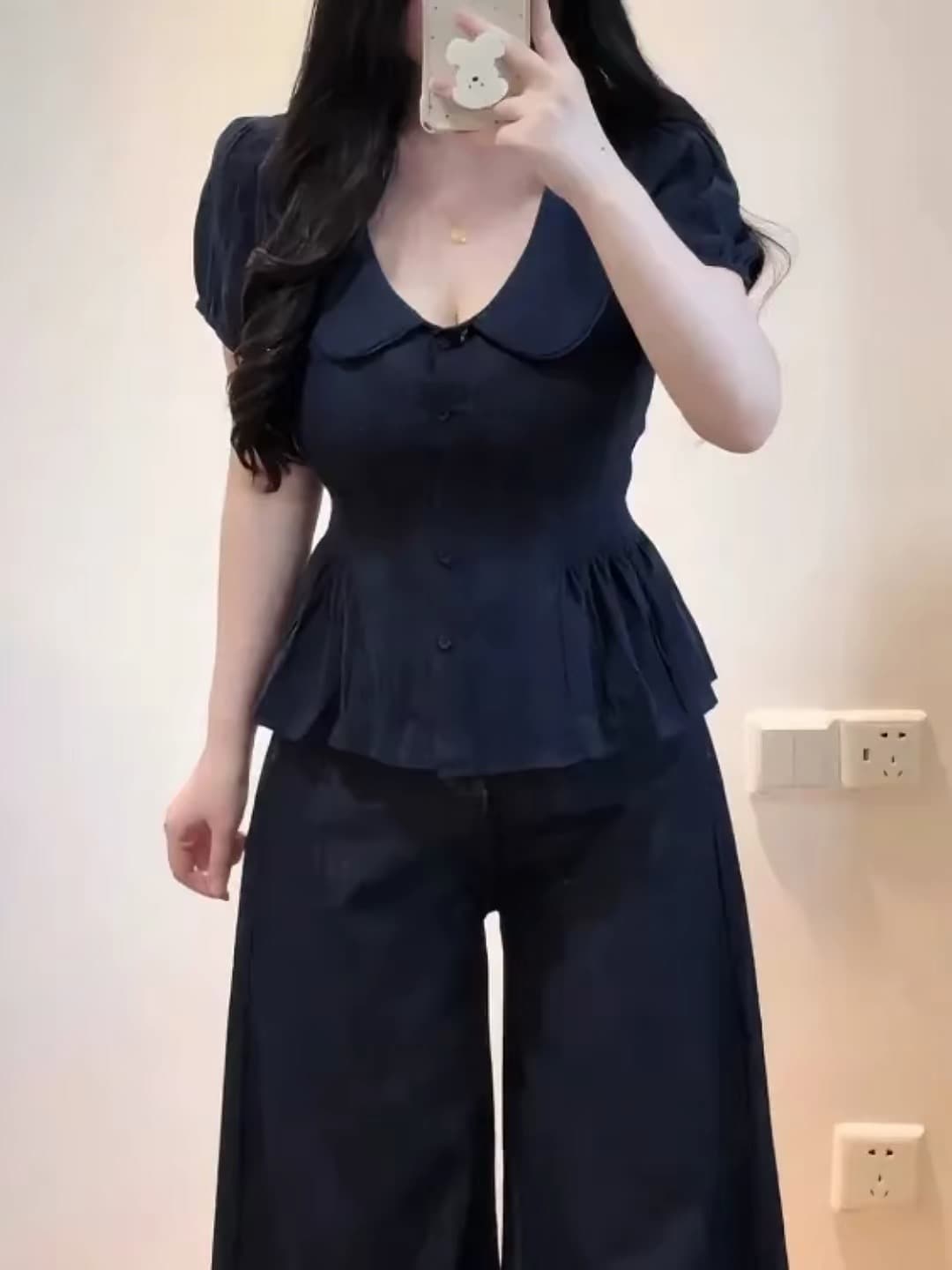 빅 사이즈 프랑스식 베이비 칼라 거품 소매 여성 셔츠 여름 지방 mm 허리 수축 슬림해 보이는 자이언트 잘 생긴 반팔 맨위 상세 이미지 1