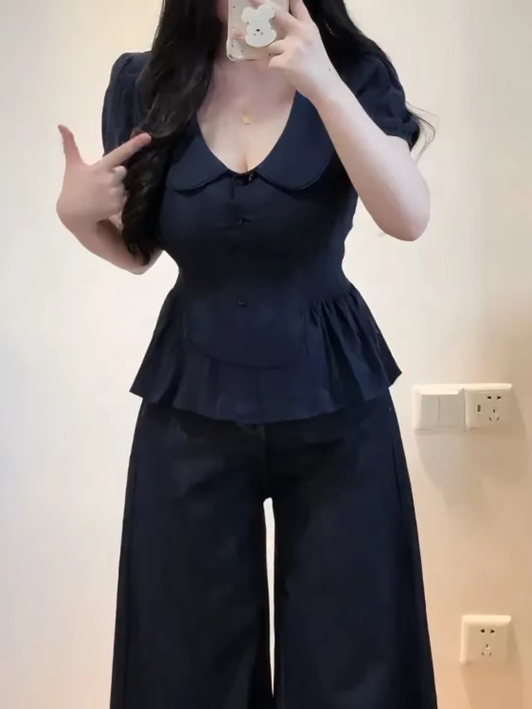 빅 사이즈 프랑스식 베이비 칼라 거품 소매 여성 셔츠 여름 지방 mm 허리 수축 슬림해 보이는 자이언트 잘 생긴 반팔 맨위 상세 이미지 4