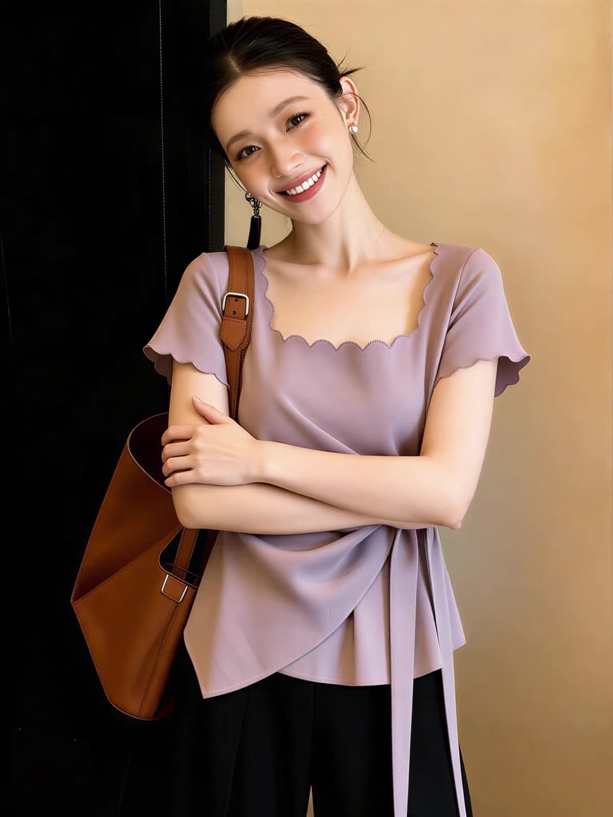 빅 사이즈 보라색 광장 칼라 긍정적 인 어깨 반팔 티셔츠 여성 여름 지방 mm 표지 고기 디자인 센스 불규칙 맨위 이미지 2