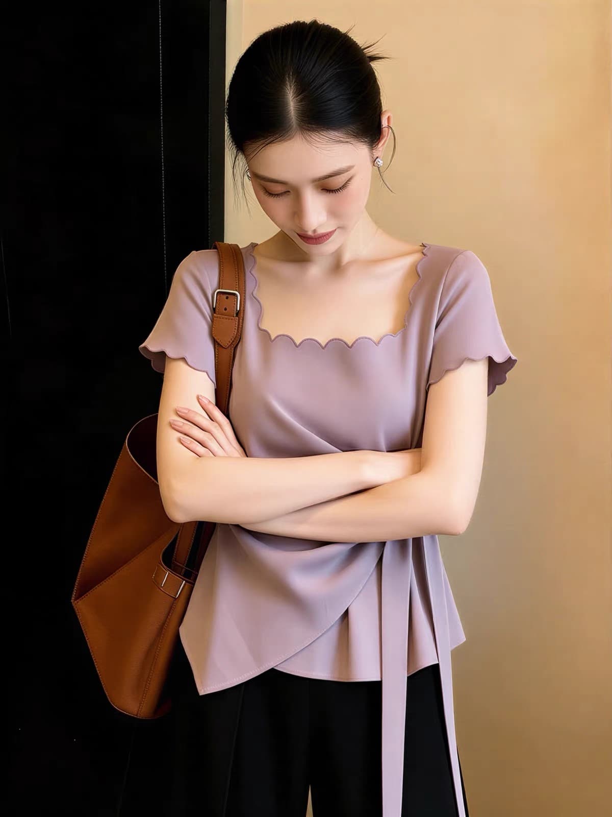 빅 사이즈 보라색 광장 칼라 긍정적 인 어깨 반팔 티셔츠 여성 여름 지방 mm 표지 고기 디자인 센스 불규칙 맨위 상세 이미지 4