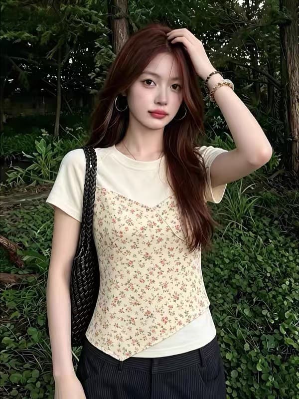 빅 사이즈 여성 의류 부드러운 바람 꽃무늬 패치워크 반팔 티셔츠 여성 여름 지방 mm 고급 센스 쇼트 스타일 긍정적 인 어깨 의류 상세 이미지 3