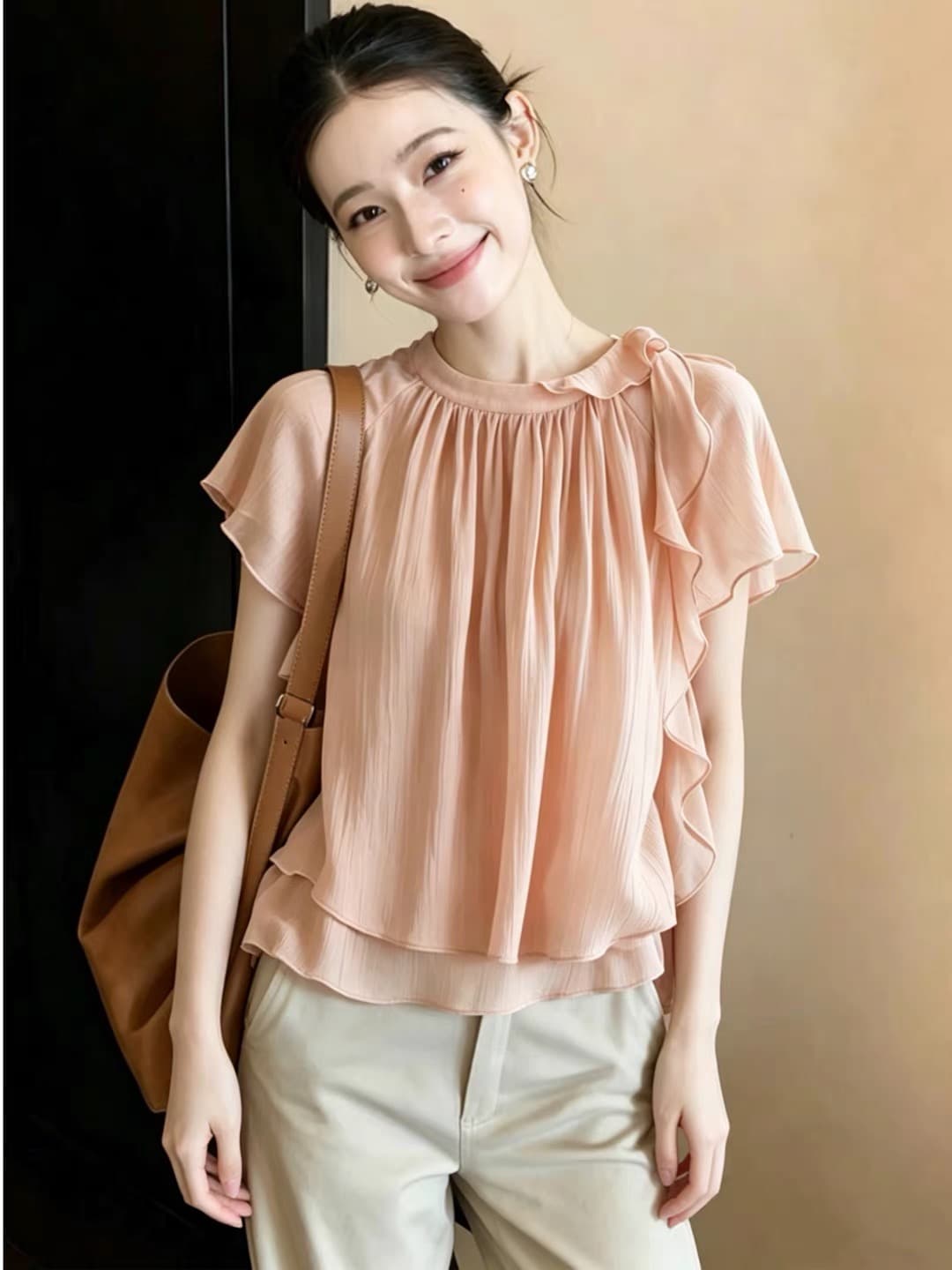 빅 사이즈 프랑스식 핑크색 라운드 넥 리본 쉬폰 여성 셔츠 여름 루즈핏 슬림해 보이는 품격 연령 감소 반팔 맨위 이미지 2