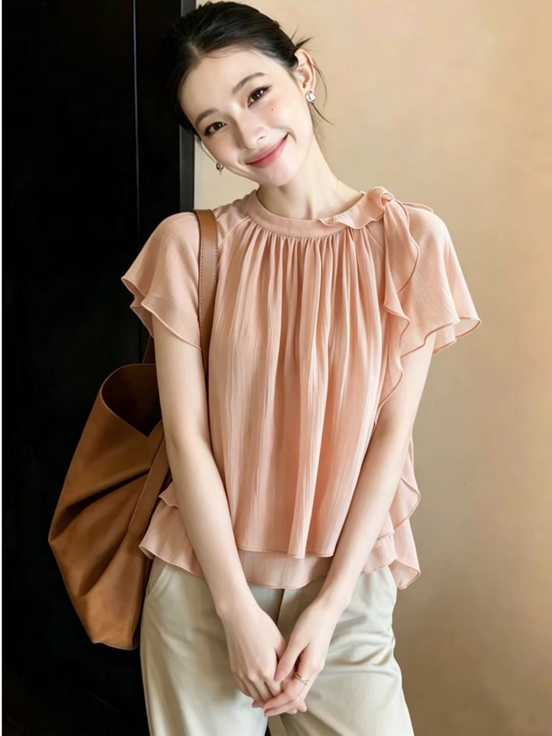 빅 사이즈 프랑스식 핑크색 라운드 넥 리본 쉬폰 여성 셔츠 여름 루즈핏 슬림해 보이는 품격 연령 감소 반팔 맨위 이미지 3