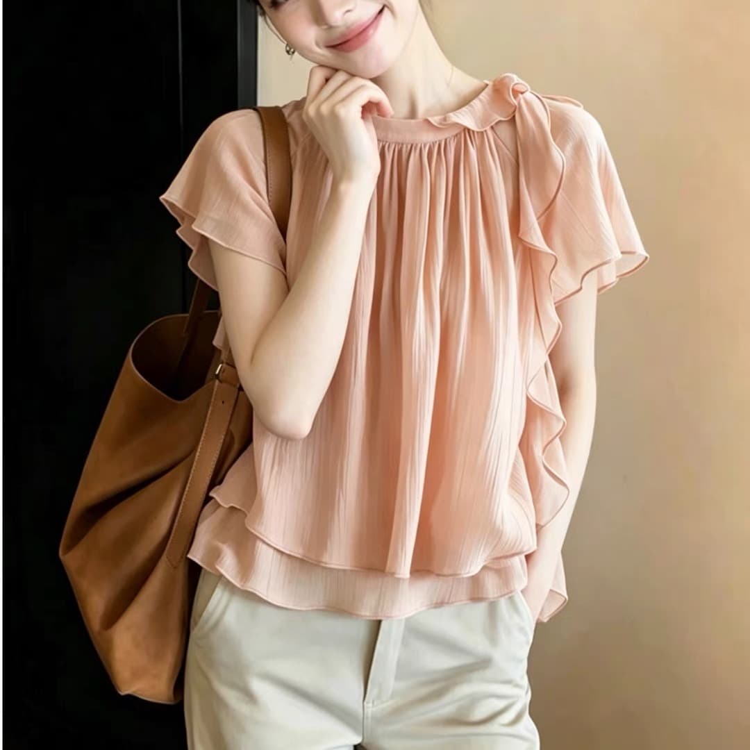빅 사이즈 프랑스식 핑크색 라운드 넥 리본 쉬폰 여성 셔츠 여름 루즈핏 슬림해 보이는 품격 연령 감소 반팔 맨위 이미지 5