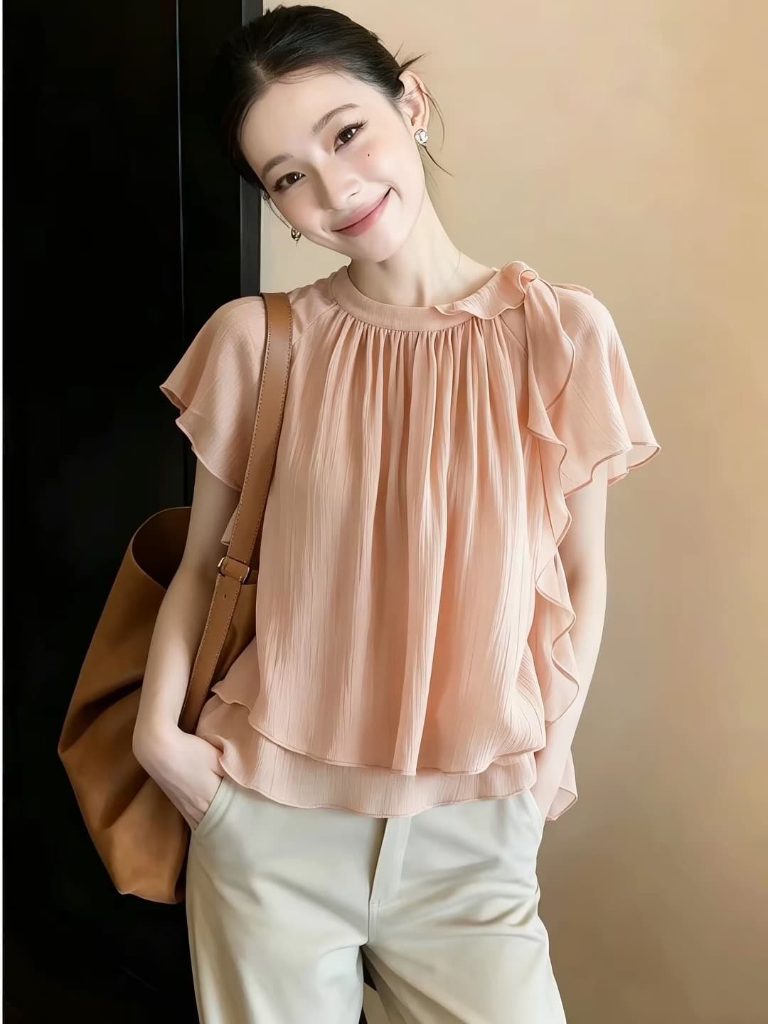 빅 사이즈 프랑스식 핑크색 라운드 넥 리본 쉬폰 여성 셔츠 여름 루즈핏 슬림해 보이는 품격 연령 감소 반팔 맨위 상세 이미지 1
