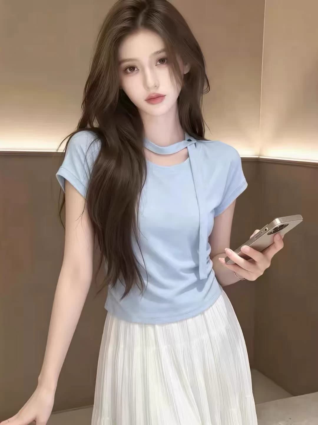 빅 사이즈 파란색 긍정적 인 어깨 반팔 티셔츠 여성 여름 지방 mm 폭발 디자인 센스 리본 슈퍼 화재 연령 감소 품격 맨위 이미지 2