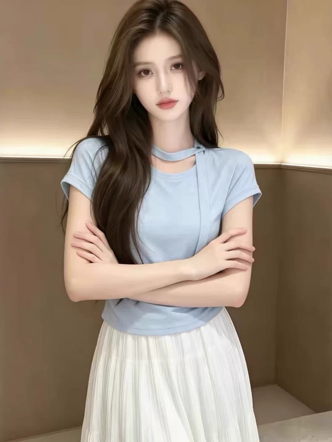 빅 사이즈 파란색 긍정적 인 어깨 반팔 티셔츠 여성 여름 지방 mm 폭발 디자인 센스 리본 슈퍼 화재 연령 감소 품격 맨위 이미지 4