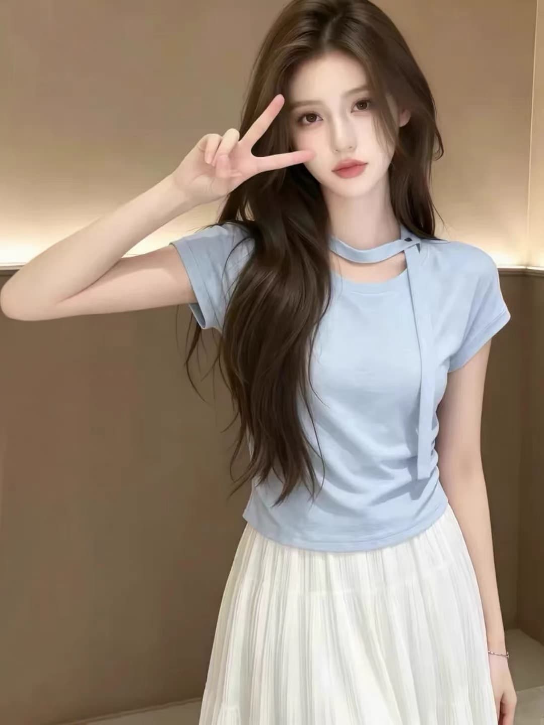 빅 사이즈 파란색 긍정적 인 어깨 반팔 티셔츠 여성 여름 지방 mm 폭발 디자인 센스 리본 슈퍼 화재 연령 감소 품격 맨위 상세 이미지 3