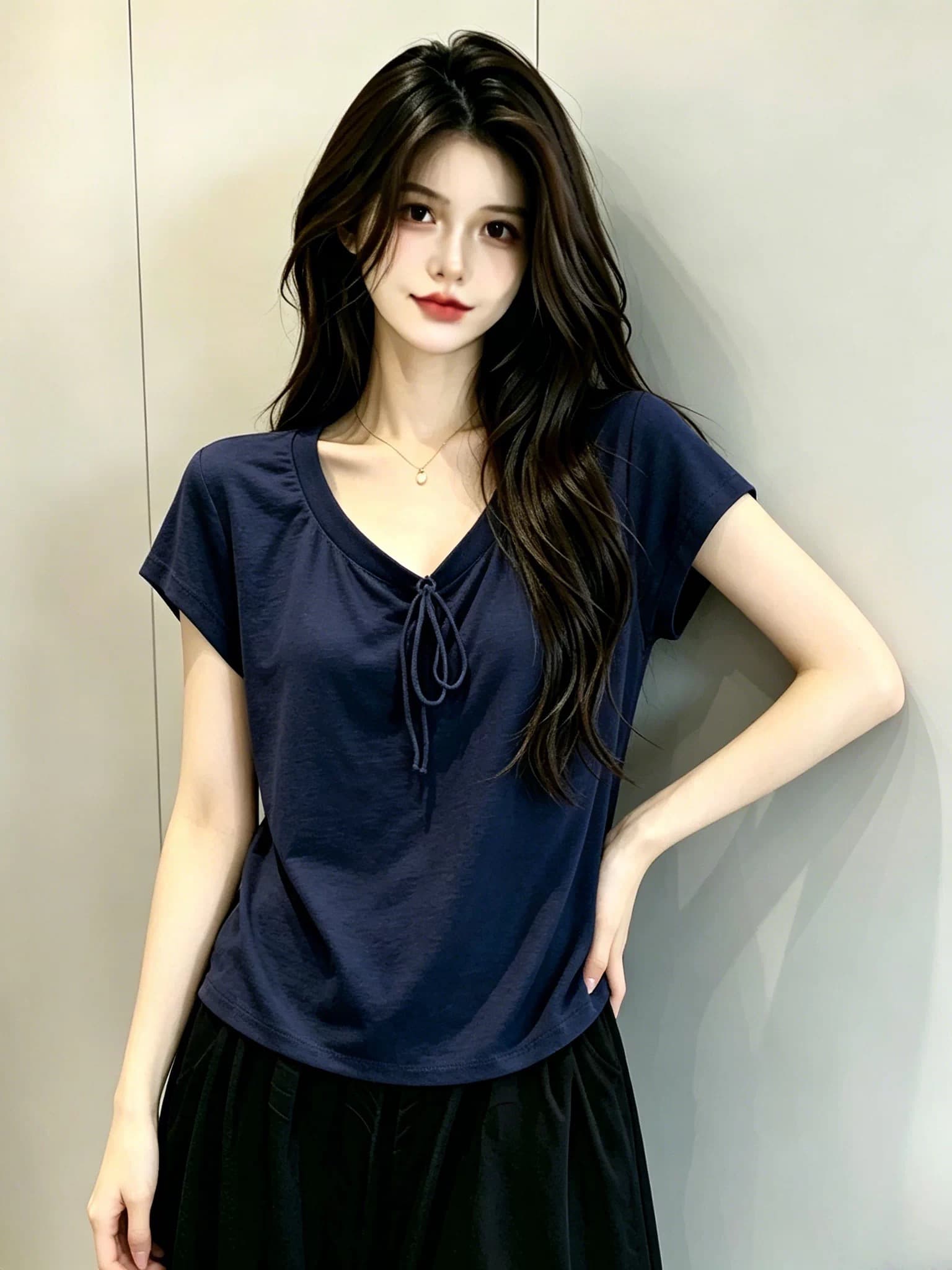 빅 사이즈 한 부서 해군 긍정적 인 어깨 반팔 티셔츠 여성 여름 폭발 u 칼라 레이스업 티셔츠 표지 고기 슬림해 보이는 맨위 이미지 2