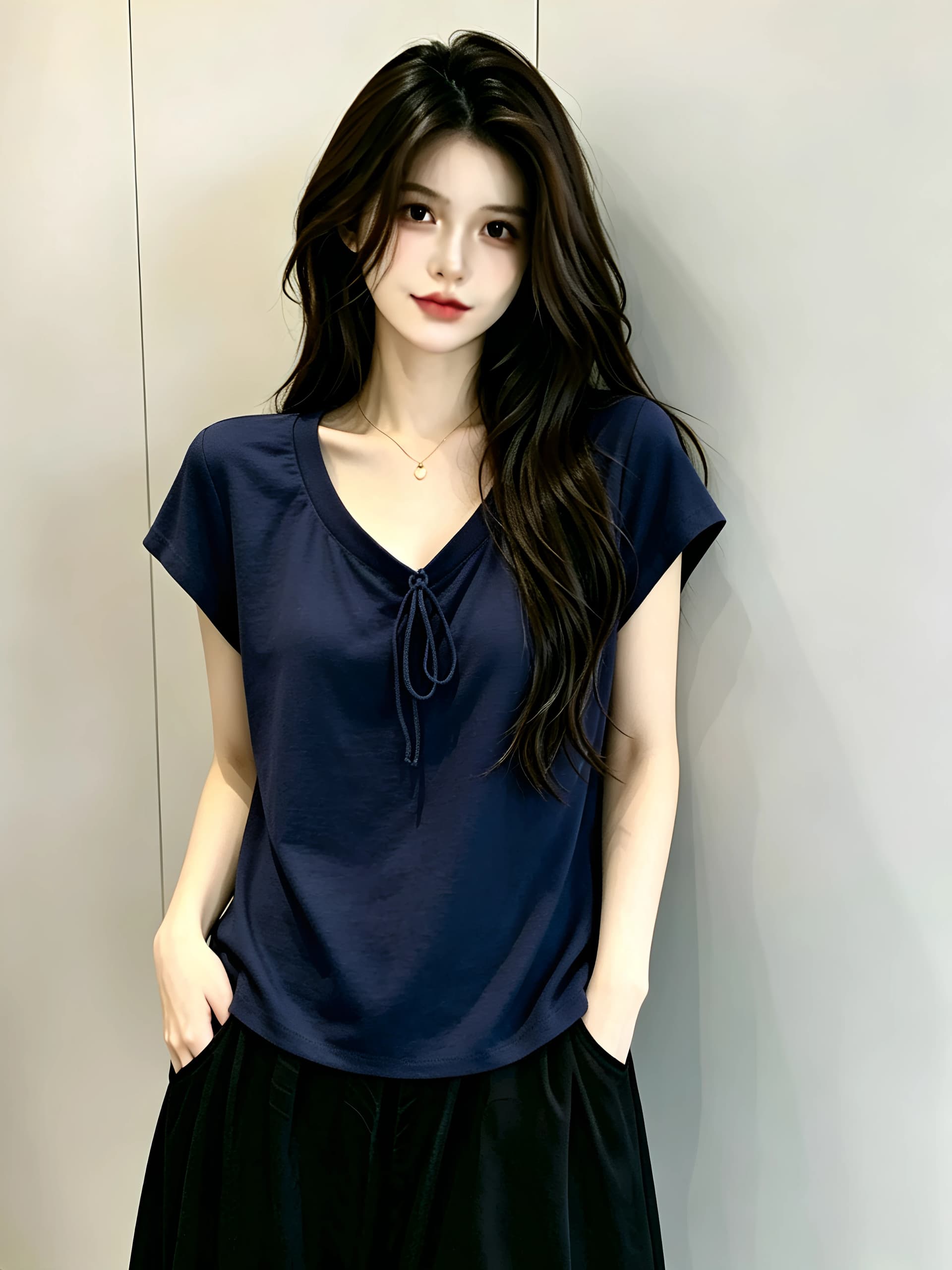 빅 사이즈 한 부서 해군 긍정적 인 어깨 반팔 티셔츠 여성 여름 폭발 u 칼라 레이스업 티셔츠 표지 고기 슬림해 보이는 맨위 상세 이미지 1