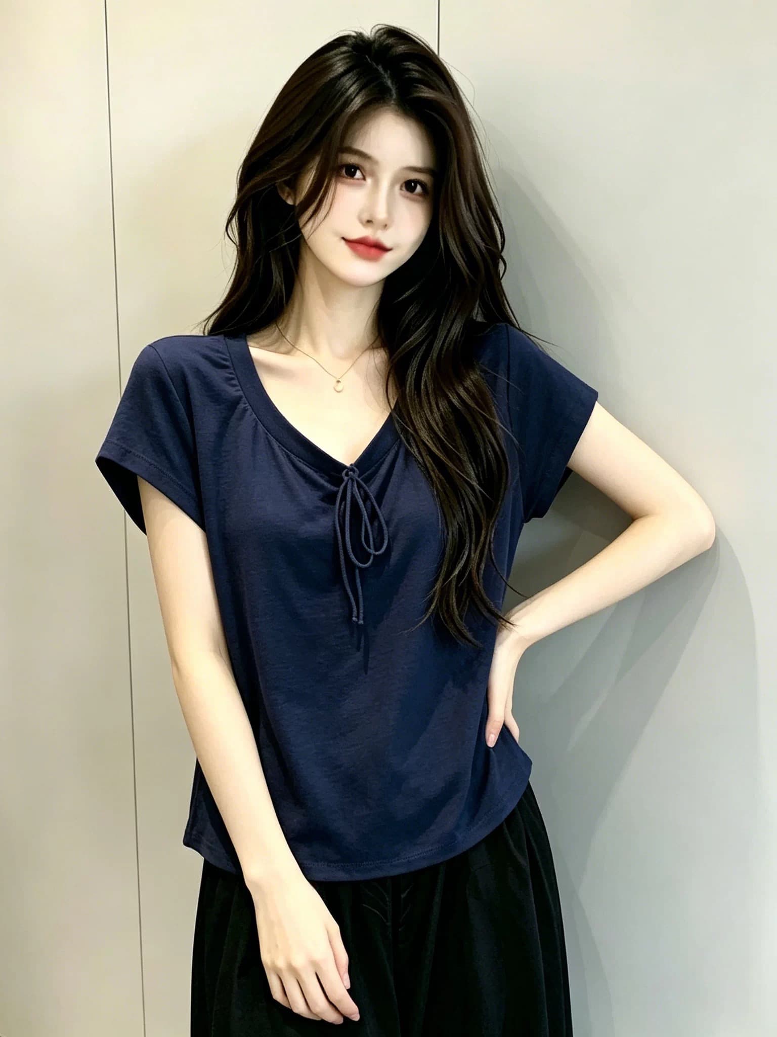 빅 사이즈 한 부서 해군 긍정적 인 어깨 반팔 티셔츠 여성 여름 폭발 u 칼라 레이스업 티셔츠 표지 고기 슬림해 보이는 맨위 상세 이미지 4