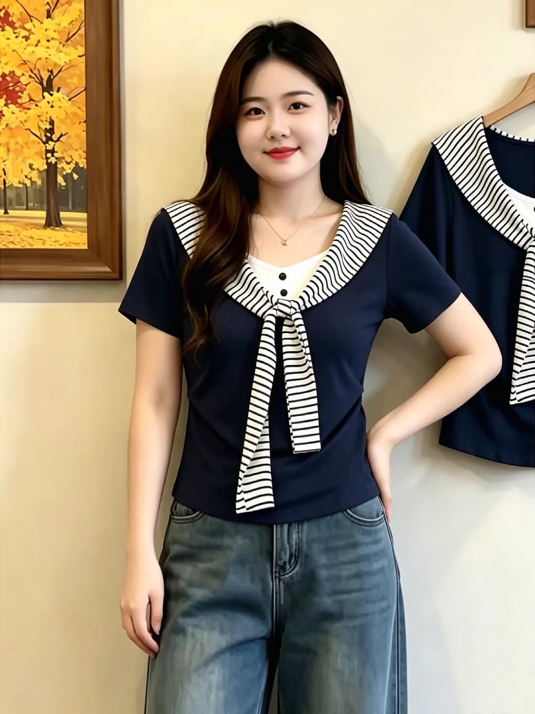 빅 사이즈 해군 페이크 레이어드 긍정적 인 어깨 반팔 티셔츠 여성 여름 스트라이프 숄 티셔츠 품격 슬림해 보이는 맨위 이미지 4