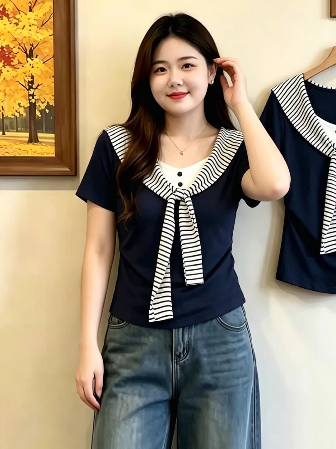 빅 사이즈 해군 페이크 레이어드 긍정적 인 어깨 반팔 티셔츠 여성 여름 스트라이프 숄 티셔츠 품격 슬림해 보이는 맨위 상세 이미지 2