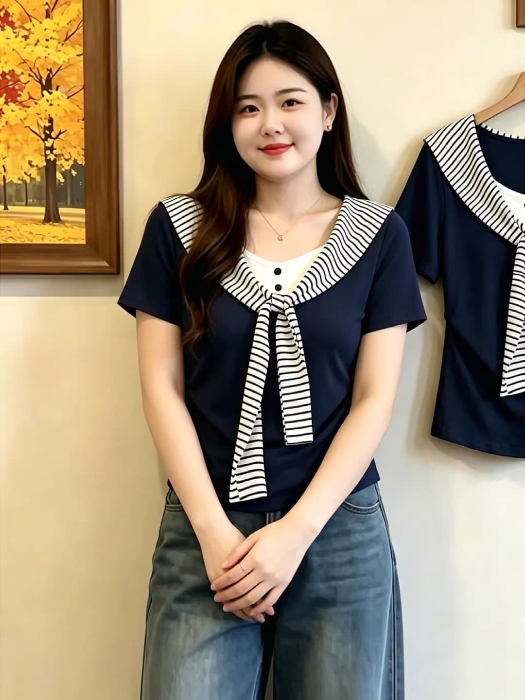 빅 사이즈 해군 페이크 레이어드 긍정적 인 어깨 반팔 티셔츠 여성 여름 스트라이프 숄 티셔츠 품격 슬림해 보이는 맨위 상세 이미지 3