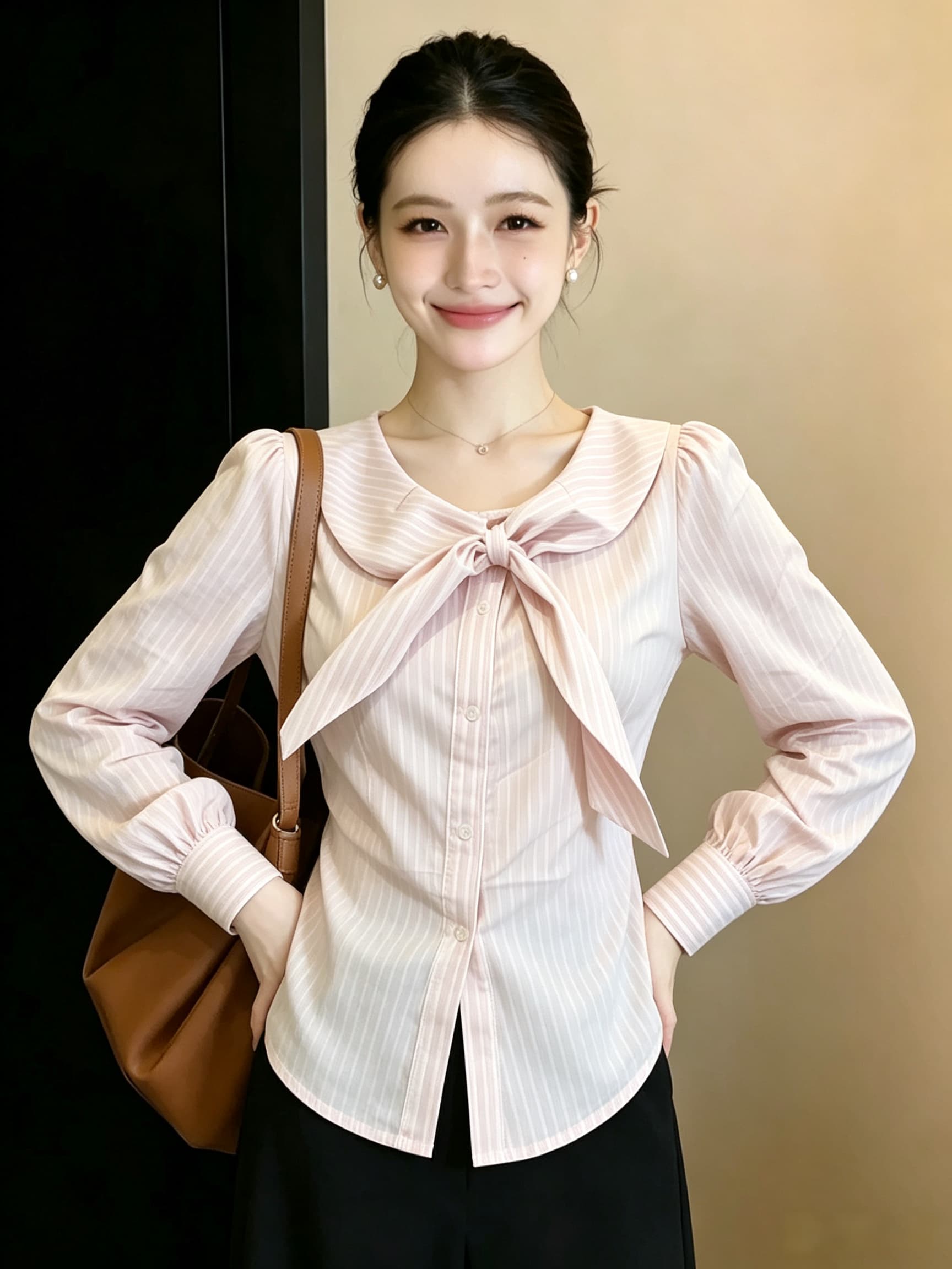 빅 사이즈 달콤한 스타일 핑크색 작은 대중 연령 감소 스트라이프 긴팔 여성 셔츠 가을 새로운 슬림해 보이는 다용도 맨위 이미지 4