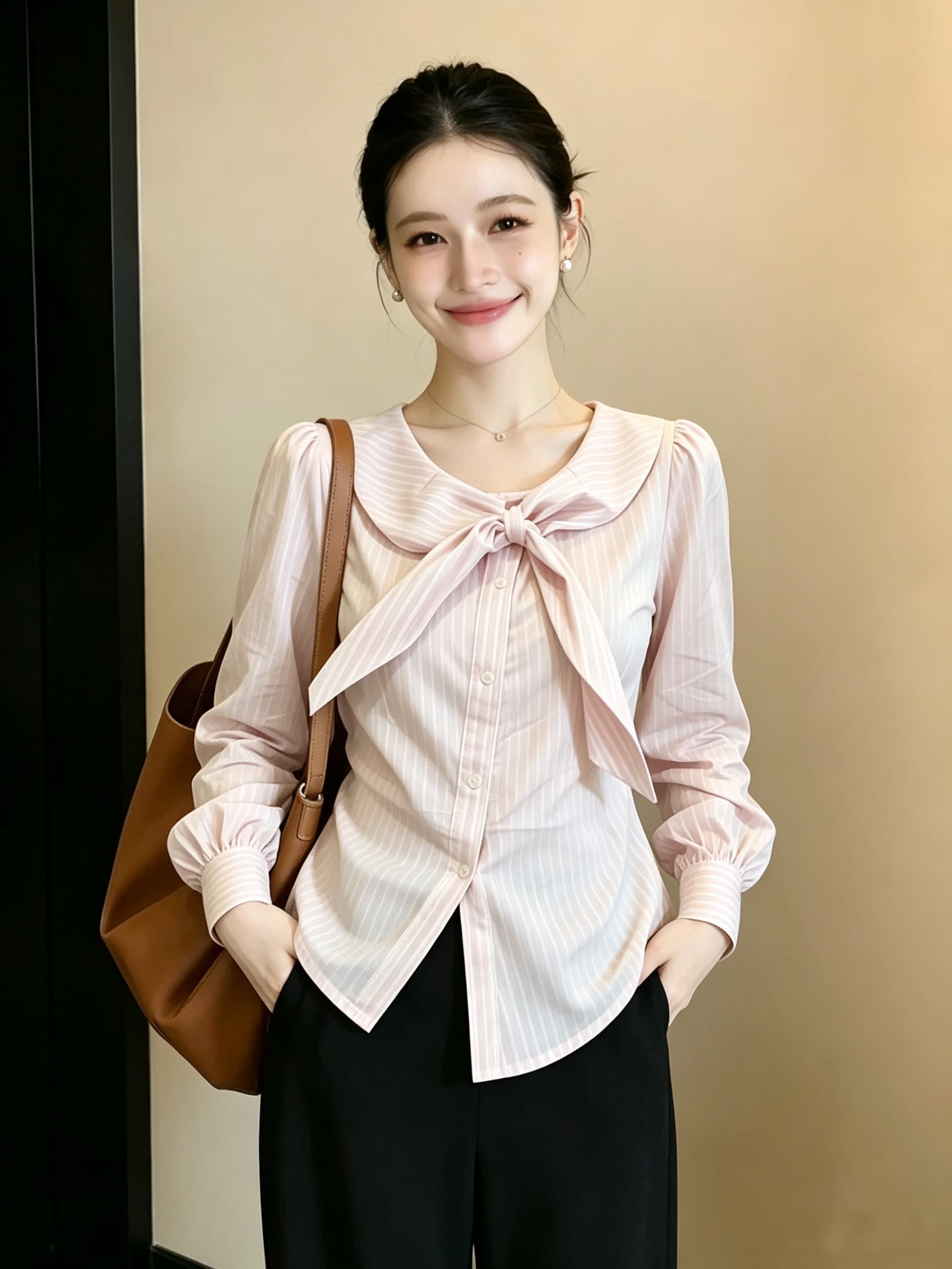 빅 사이즈 달콤한 스타일 핑크색 작은 대중 연령 감소 스트라이프 긴팔 여성 셔츠 가을 새로운 슬림해 보이는 다용도 맨위 상세 이미지 2