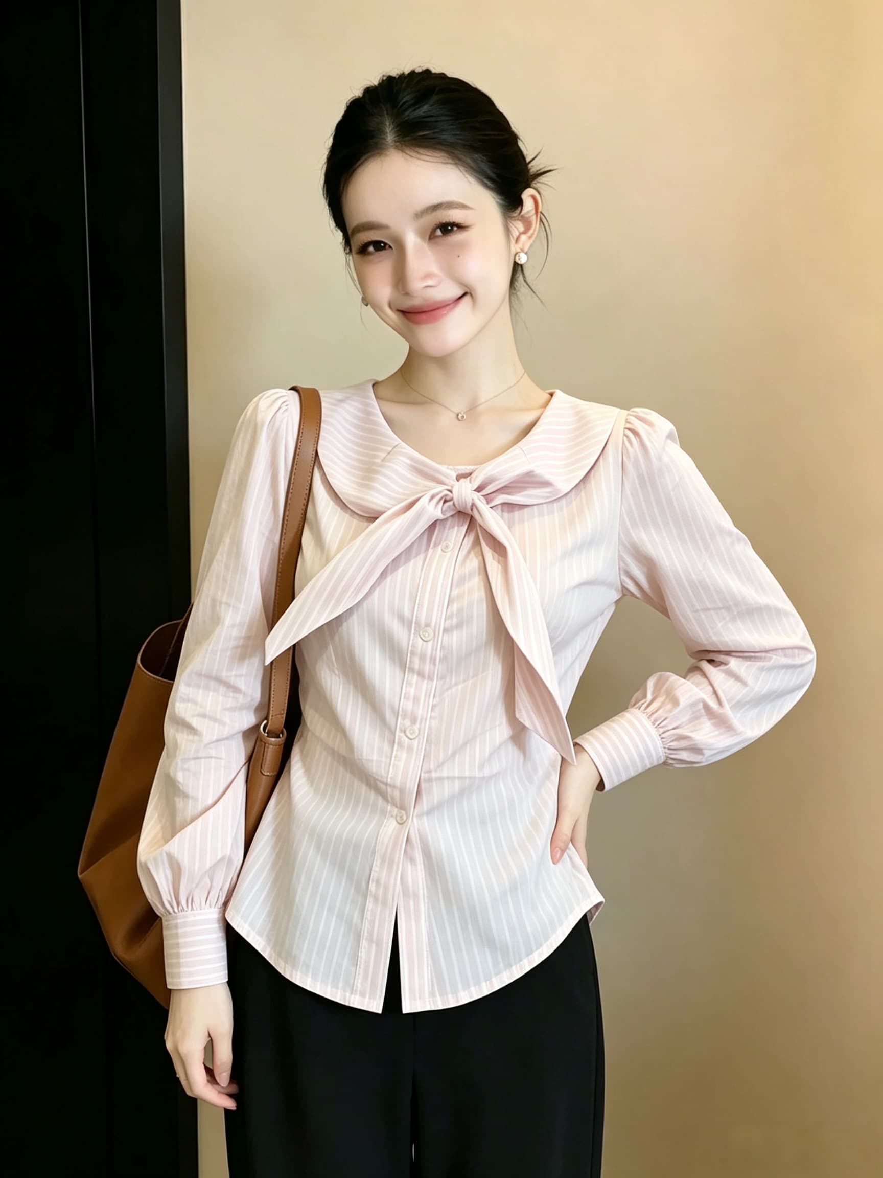 빅 사이즈 달콤한 스타일 핑크색 작은 대중 연령 감소 스트라이프 긴팔 여성 셔츠 가을 새로운 슬림해 보이는 다용도 맨위 상세 이미지 3