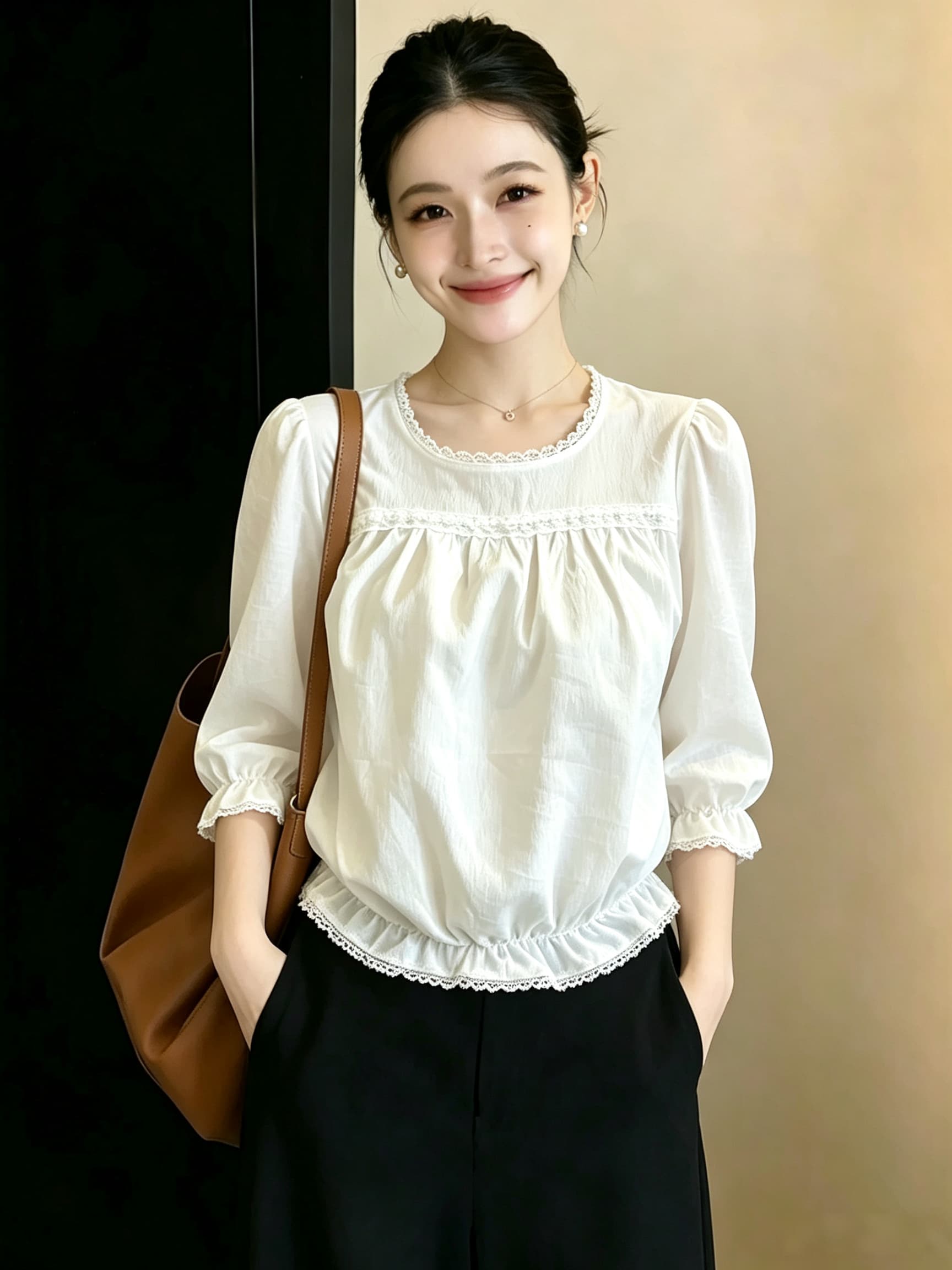 빅 사이즈 지방 mm 소녀 바람 거품 소매 여성 셔츠 여름 디자인 센스 레이스 레이스 Chic 맨위 상세 이미지 3