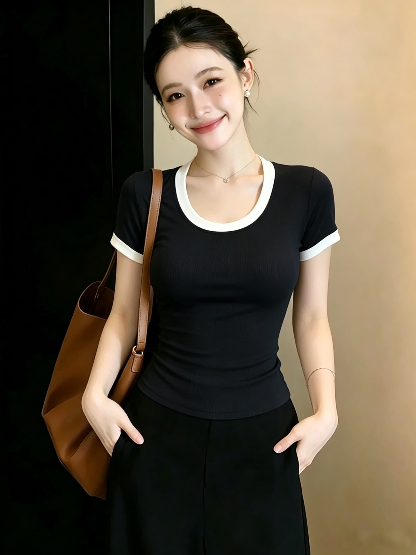 빅 사이즈 지방 mm 오래된 돈 바람 배색 u 칼라 반팔 티셔츠 여성 여름 부드럽다 통기성 몸매 가꾸기 슬림해 보이는 맨위 이미지 4