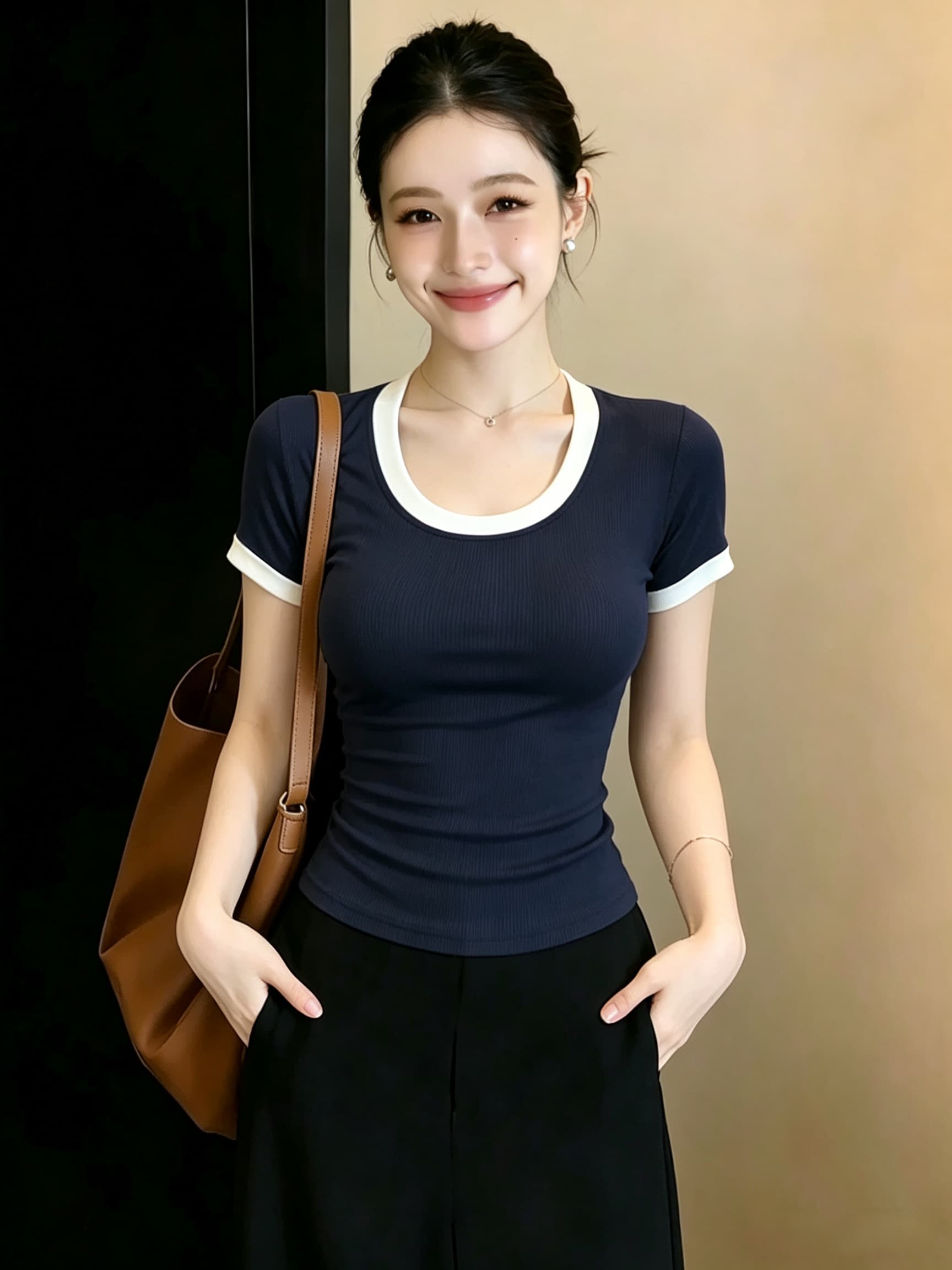 빅 사이즈 지방 mm 오래된 돈 바람 배색 u 칼라 반팔 티셔츠 여성 여름 부드럽다 통기성 몸매 가꾸기 슬림해 보이는 맨위 상세 이미지 3